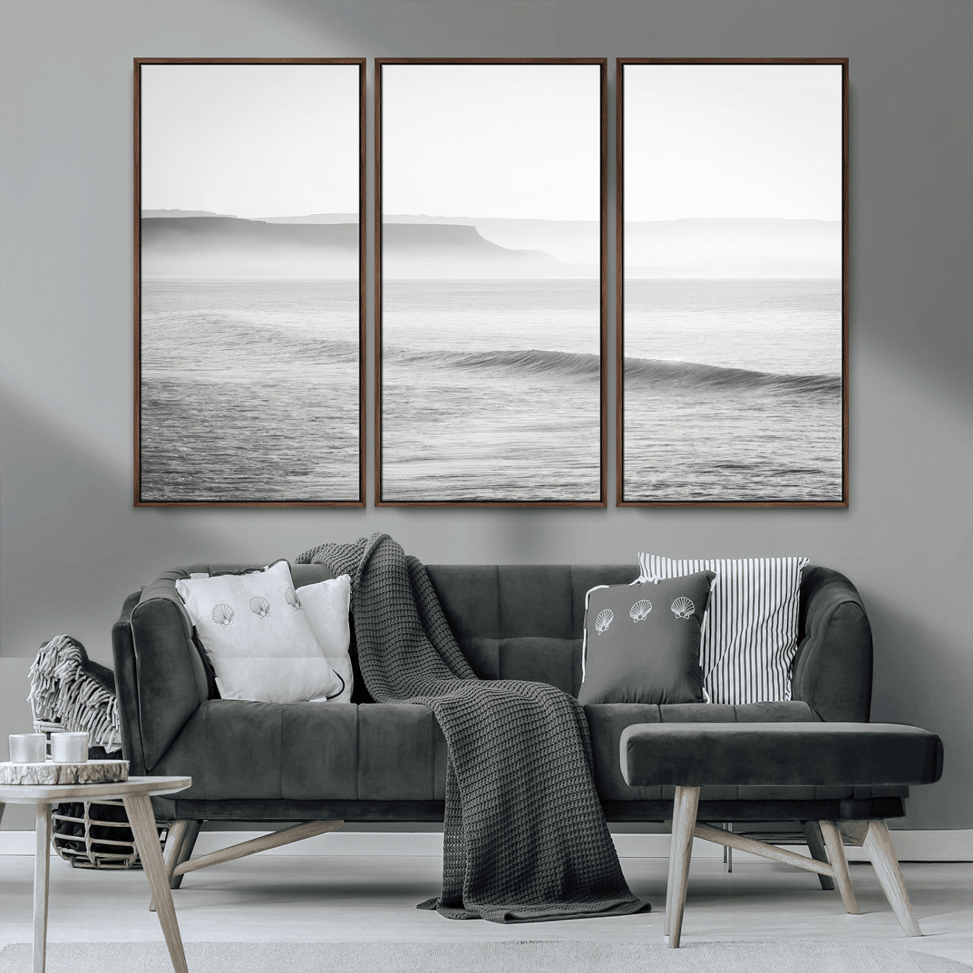 60635783-MGV-CV-36X24-Black White Seascape Wall Art Canvas Print, Framed Ocean Waves Art Picture Print, Misty Coastal Perfect Minimalist Coastal Decor
