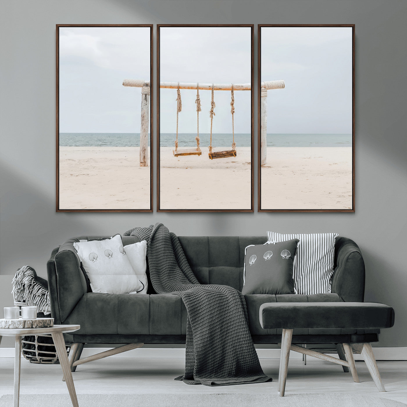 68327283-MGV-CV-36X24-Beach Swing Wall Art Canvas Print, Framed Quiet Beach Art Picture Print, Calm Shoreline Perfect Bohemian Coastal Decor Artwork