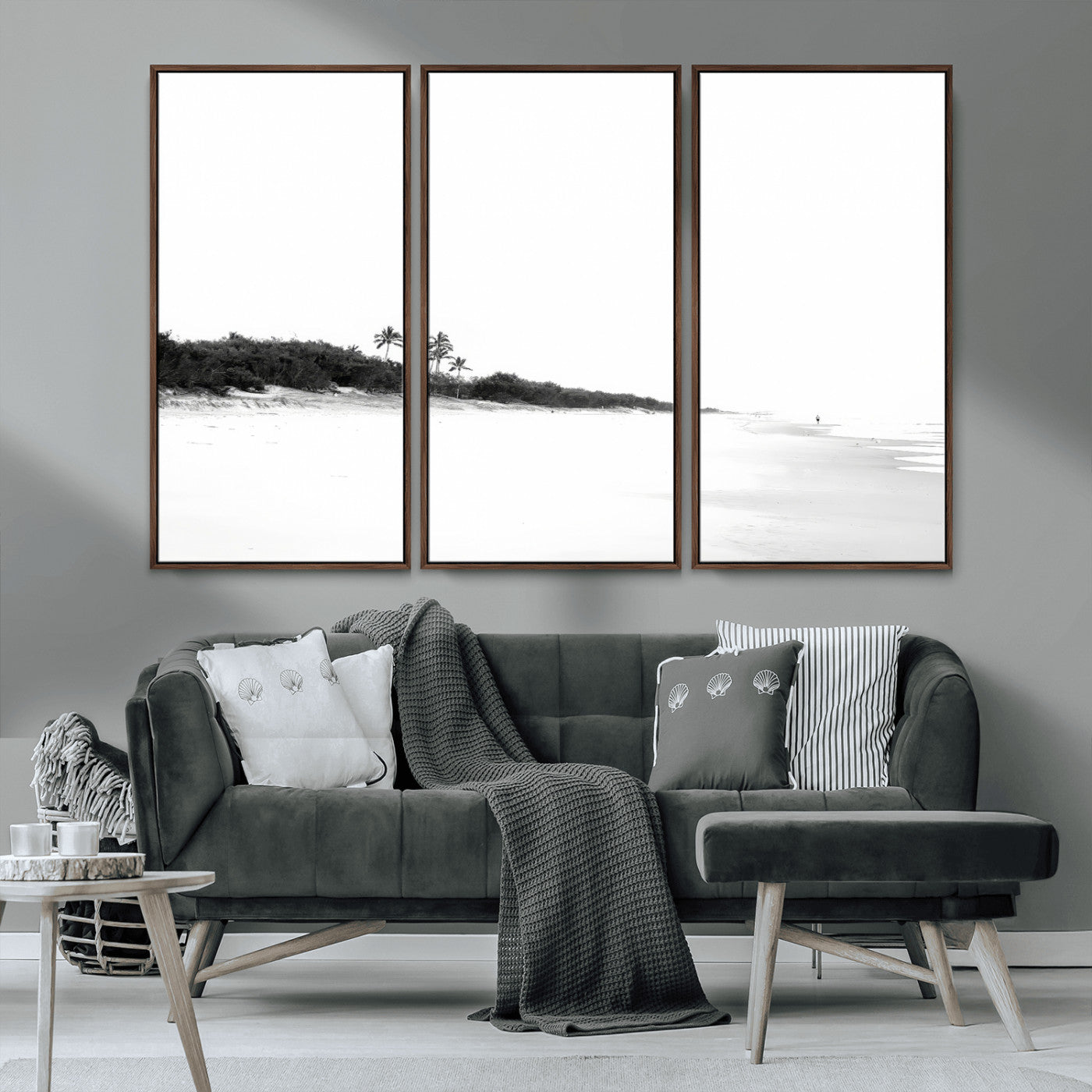 29611516-MGV-CV-36X24-Black White Beach Wall Art Canvas Print, Framed Palm Trees Art Picture Print, Monochrome Tropical Perfect Minimalist Coastal Decor