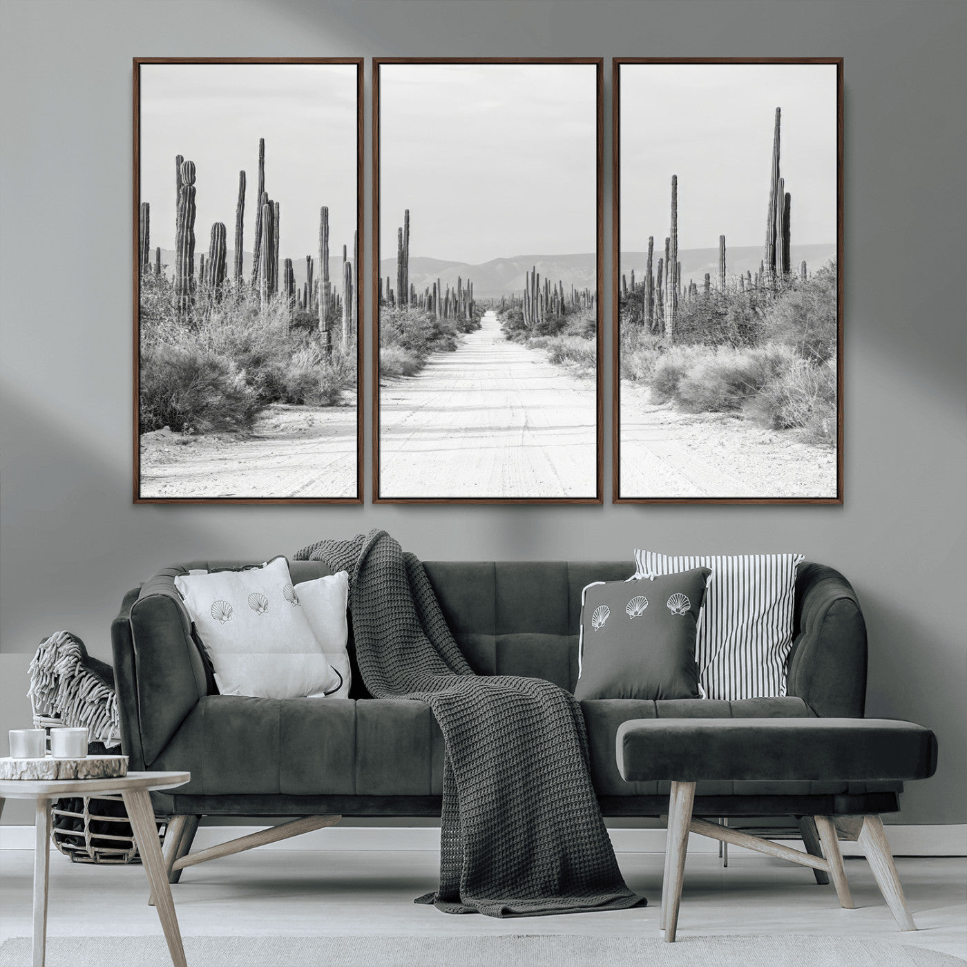 35537313-MGV-CV-36X24-Monochrome Desert Wall Art Canvas Print, Framed Cactus Path Art Picture Print, Southwestern Landscape Perfect Southwestern