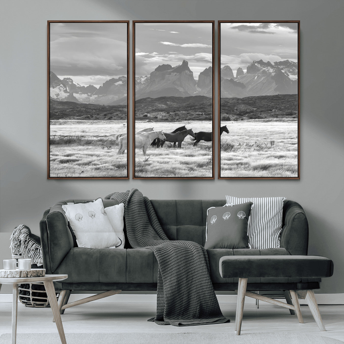 21655040-MGV-CV-36X24-Wild Horses Wall Art Canvas Print, Framed Black White Mountains Art Picture Print, Rustic Countryside Perfect Rustic Western Decor
