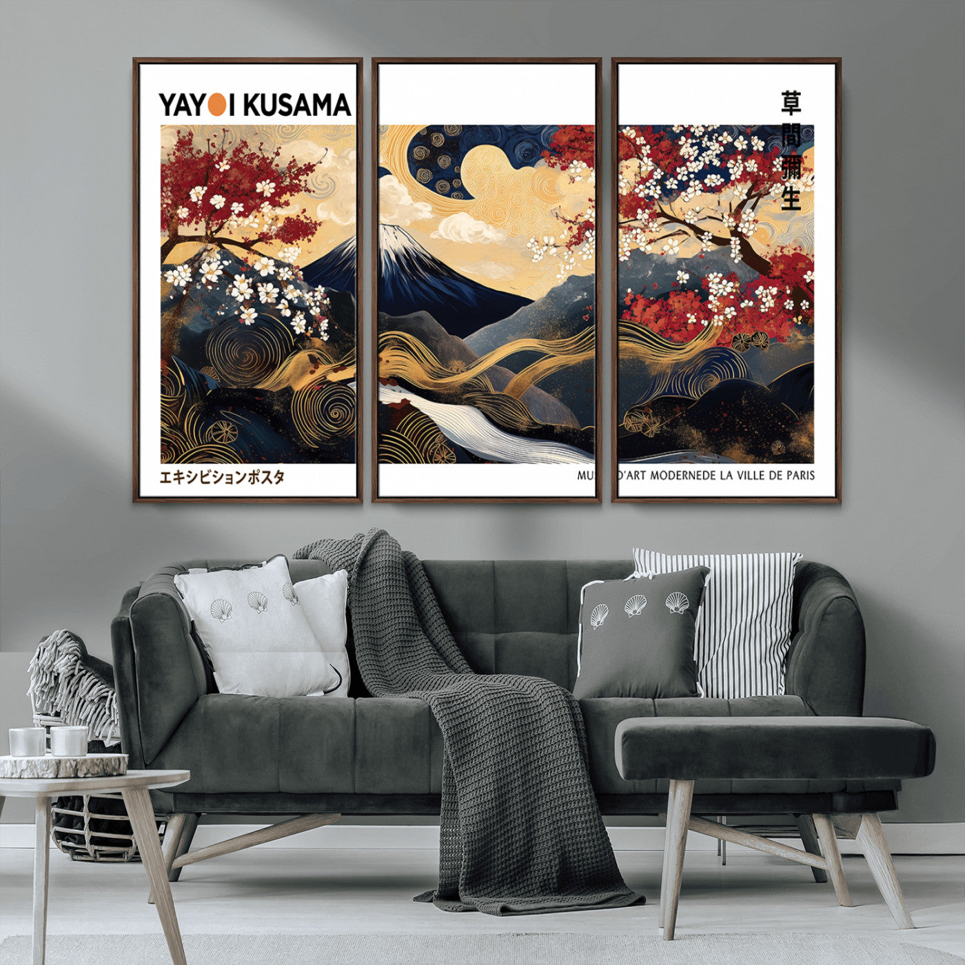 66243961-MGV-FC-48X32-3P_Walnut-Mount Fuji Japanese Wall Art – Golden Abstract Landscape Canvas Print, Cherry Blossom Painting, Modern Oriental Zen Home Decor