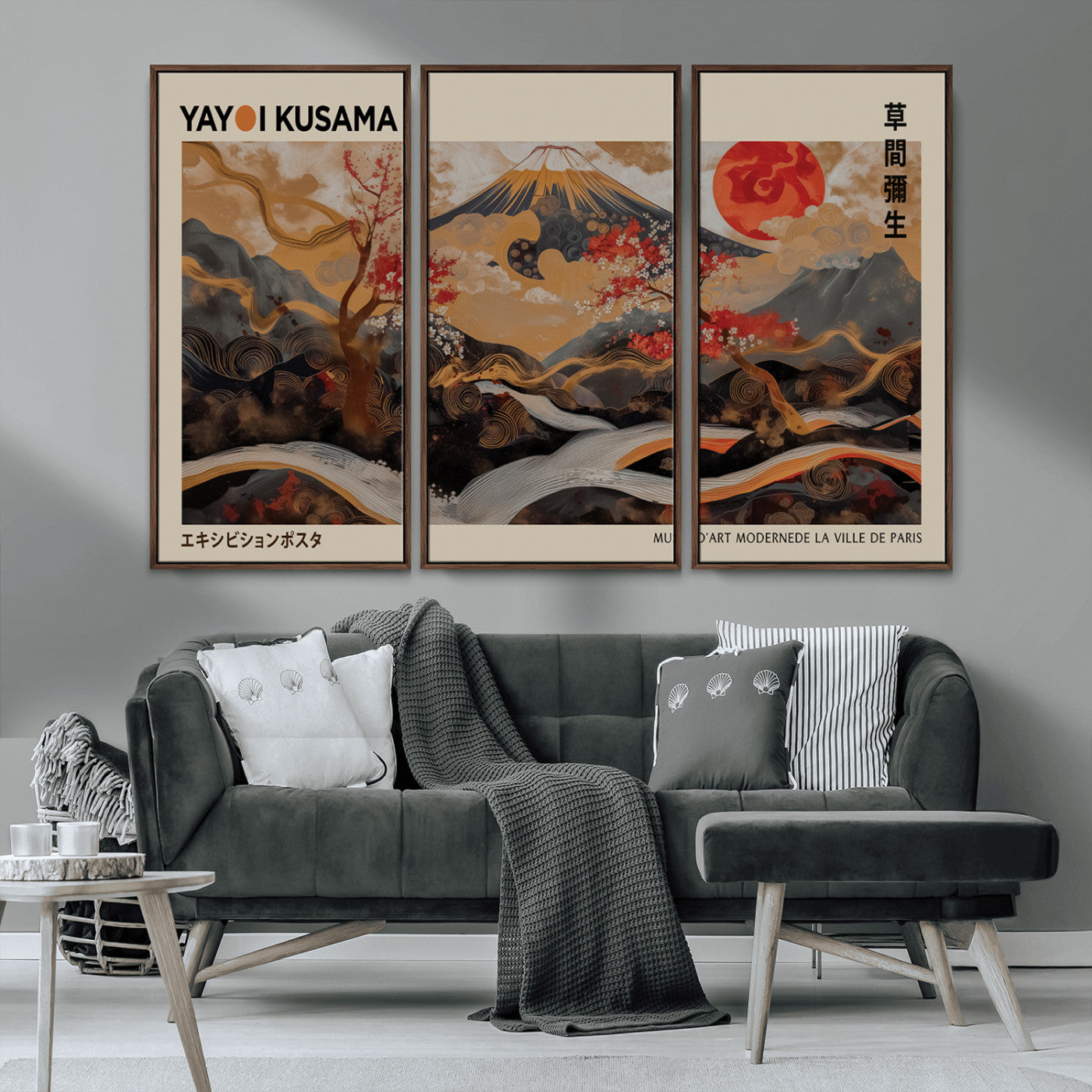 77970791-MGV-CV-36X24-Mount Fuji Golden Abstract Wall Art – Japanese Landscape Canvas Poster, Cherry Blossom & Red Sun Painting, Elegant Zen Oriental