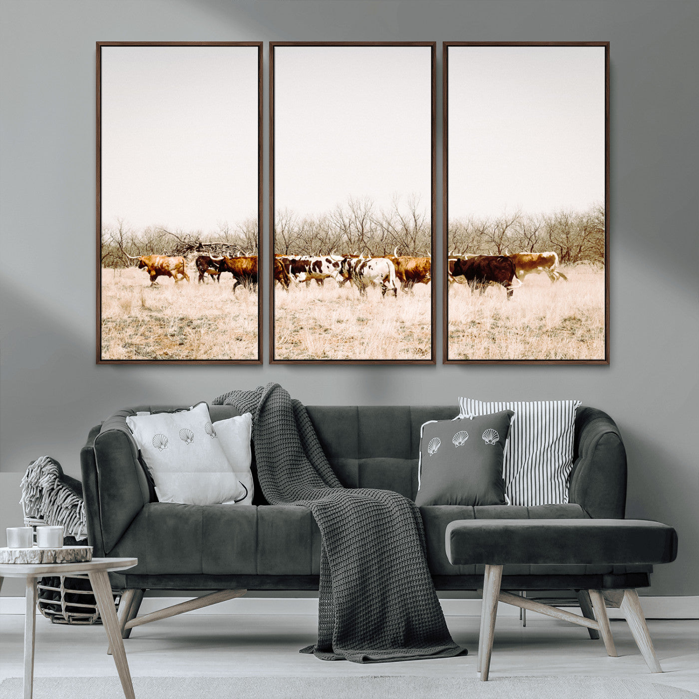 12454132-MGV-FC-48X32-3P_Walnut-Cow Herd Photography Wall Art Canvas Print, Framed Rustic Farmhouse Decor Art Picture Print, Western Ranch Style Perfect Rustic