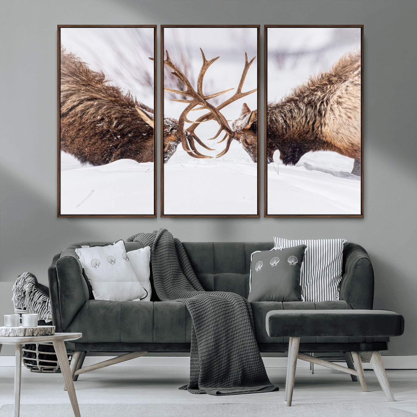 36507609-MGV-CV-36X24-Elk Clash Scene Wall Art Canvas Print, Framed Wildlife Strength Decor Art Picture Print, Snowy Forest Elk Perfect Rustic Lodge