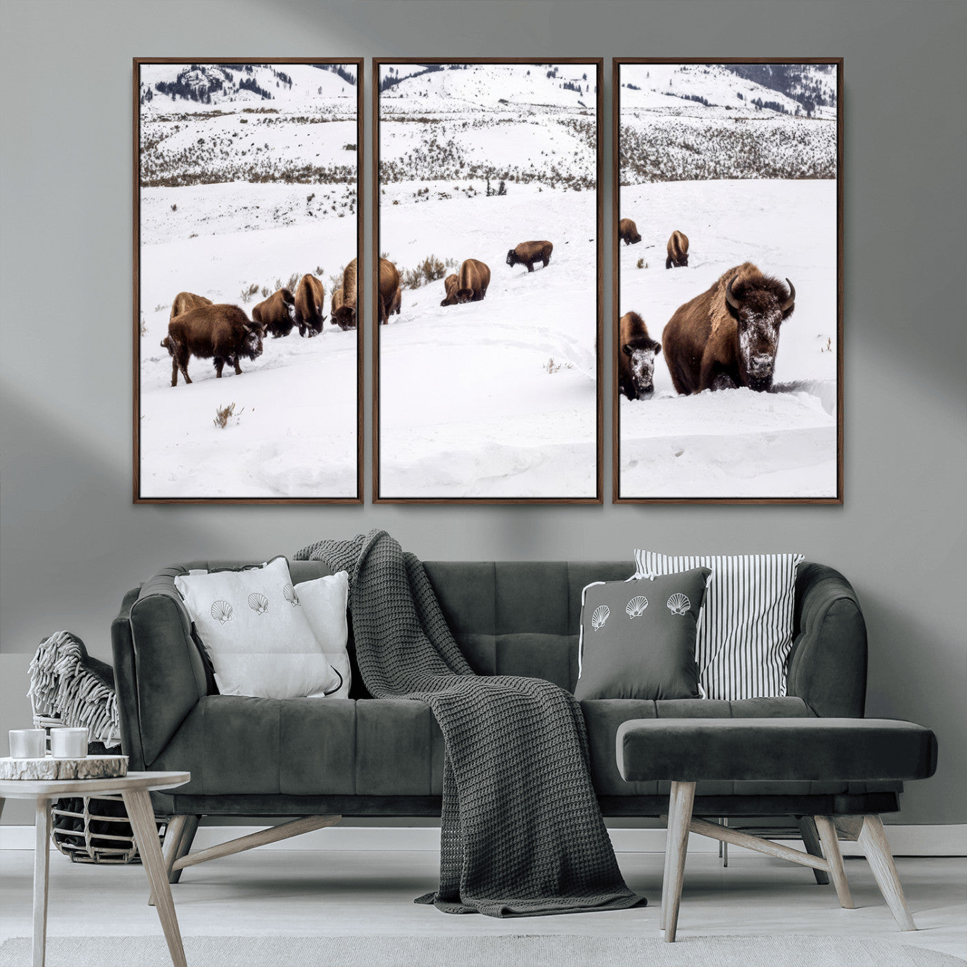 13891210-MGV-FC-48X32-3P_Walnut-Bison Herd Scene Wall Art Canvas Print, Framed Western Wildlife Decor Art Picture Print, Snowy Mountain Valley Perfect Rustic