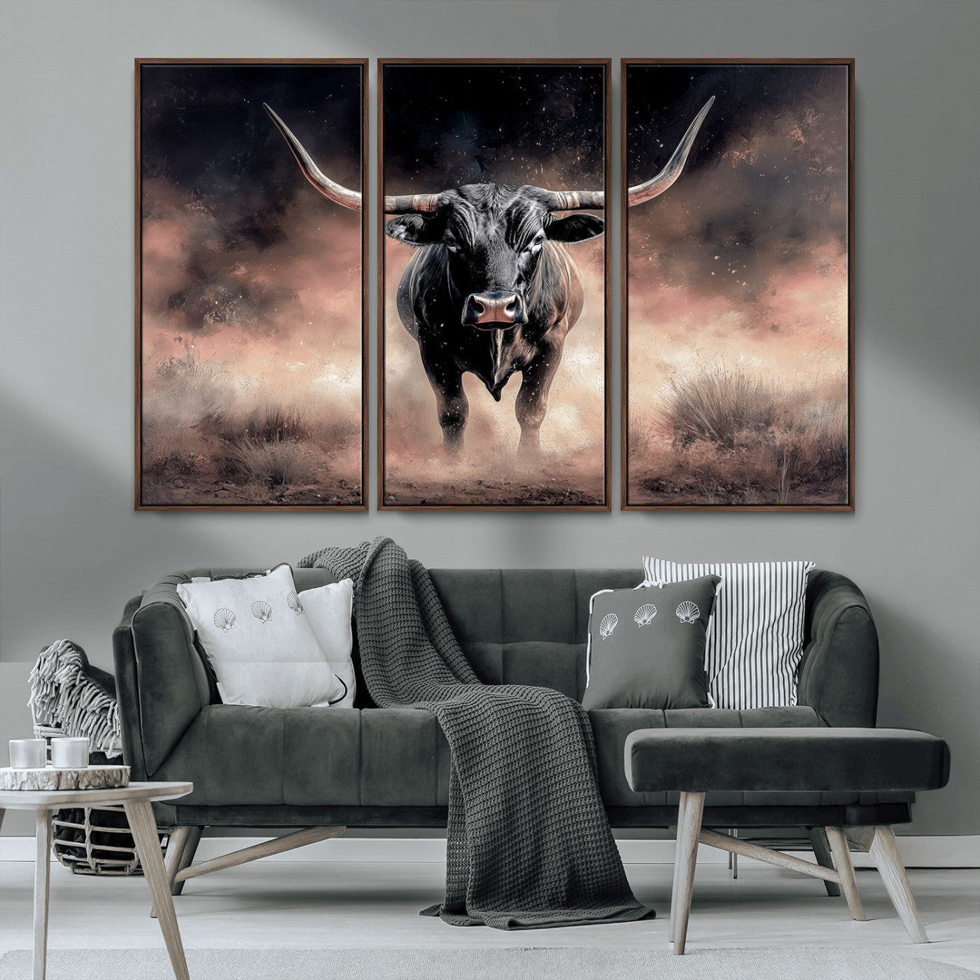 71457818-MGV-CV-36X24-Longhorn Wall Art Wall Art Canvas Print, Framed Western Bull Canvas Art Picture Print, Rustic Cow Decor Perfect Western Dramatic
