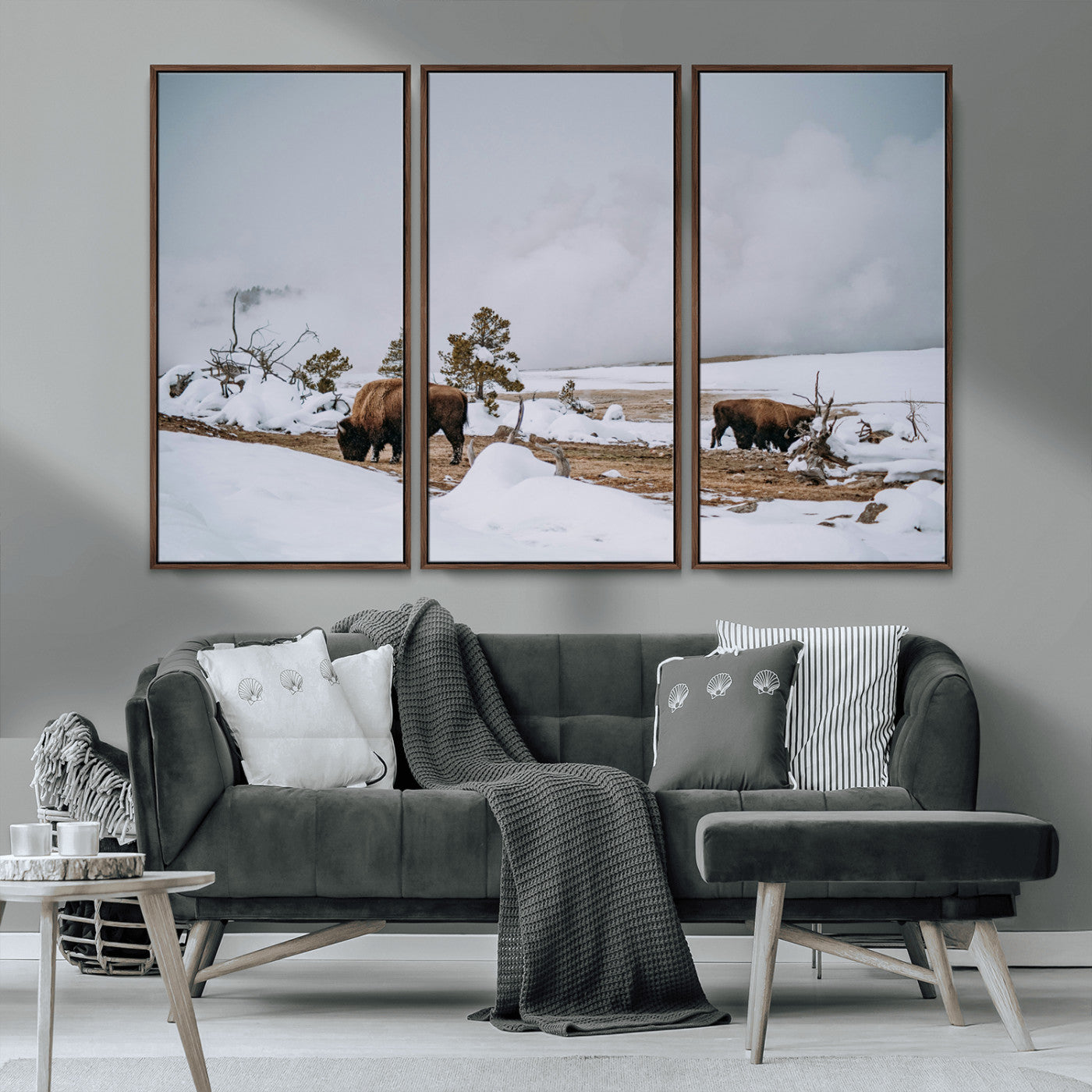 60308289-MGV-CV-36X24-Bison Wildlife Wall Art Canvas Print, Framed Snowy Prairie Art Picture Print, Western Landscape Perfect Rustic Winter Decor
