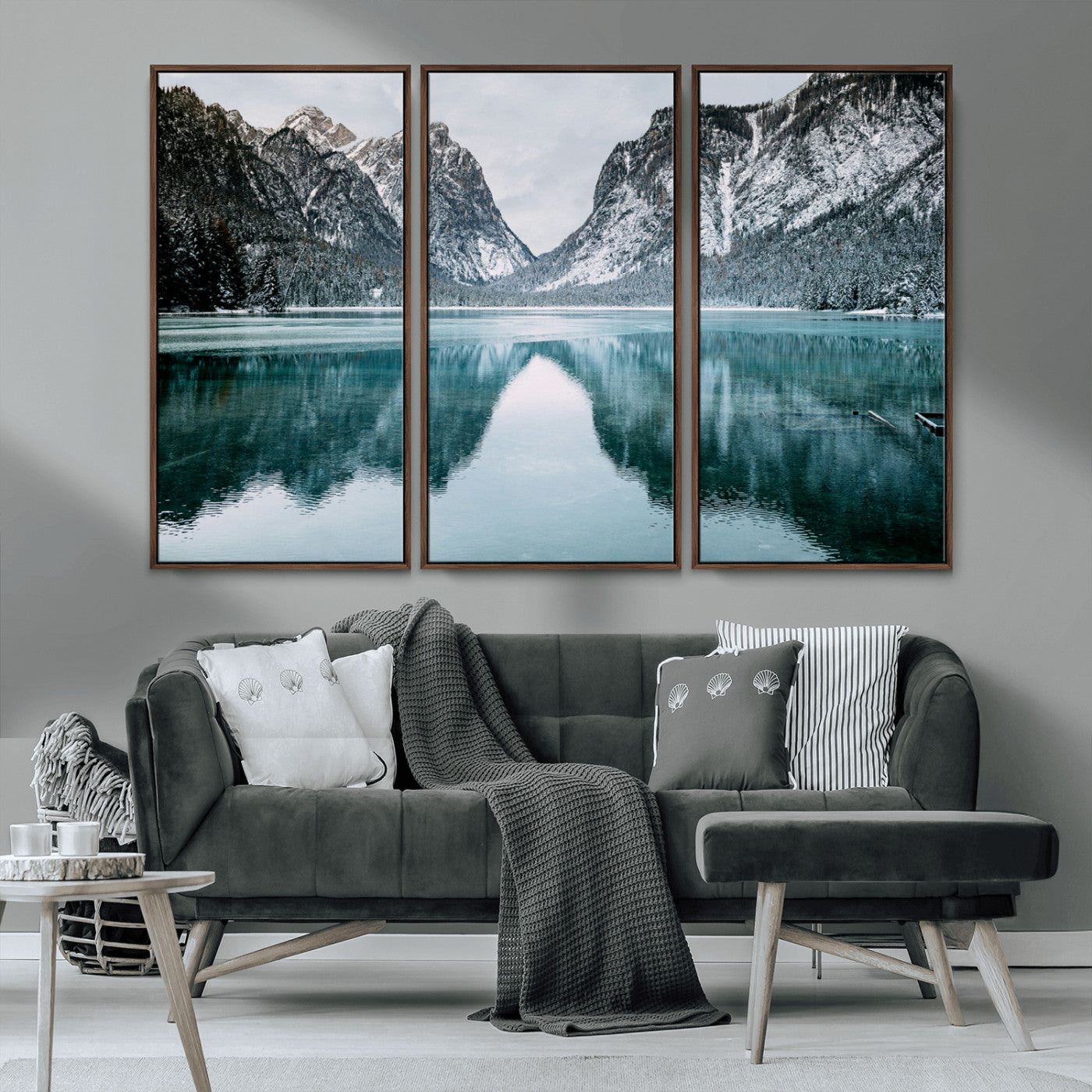 73098373-MGV-CV-36X24-Mountain Lake Wall Art Canvas Print, Framed Winter Wonderland Art Picture Print, Snowy Peaks Perfect Modern Nature Decor Artwork