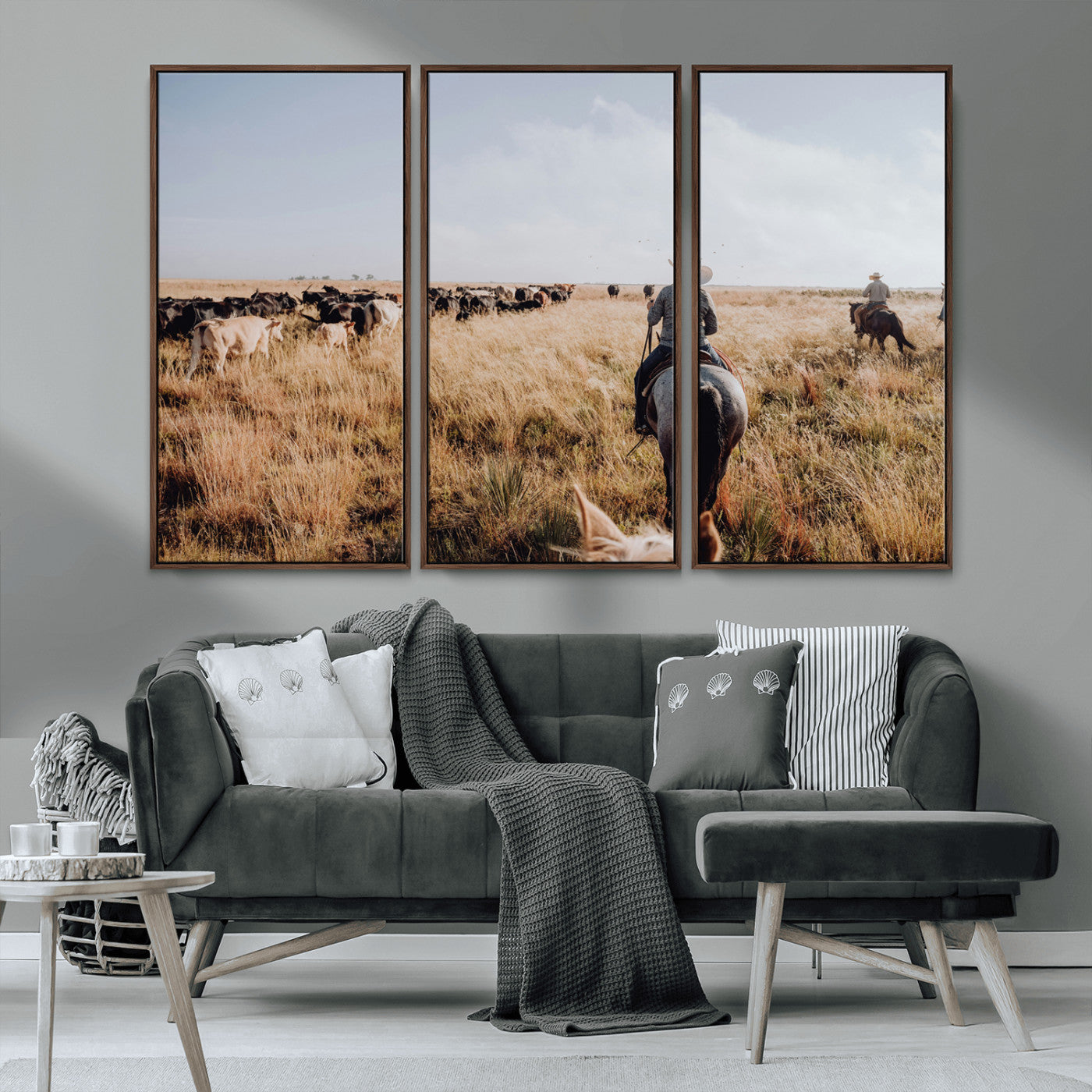 22431577-MGV-FC-48X32-3P_Walnut-Western Wall Art Wall Art Canvas Print, Framed Cowboy Canvas Art Picture Print, Cattle Drive Scene Perfect Rustic Western Decor