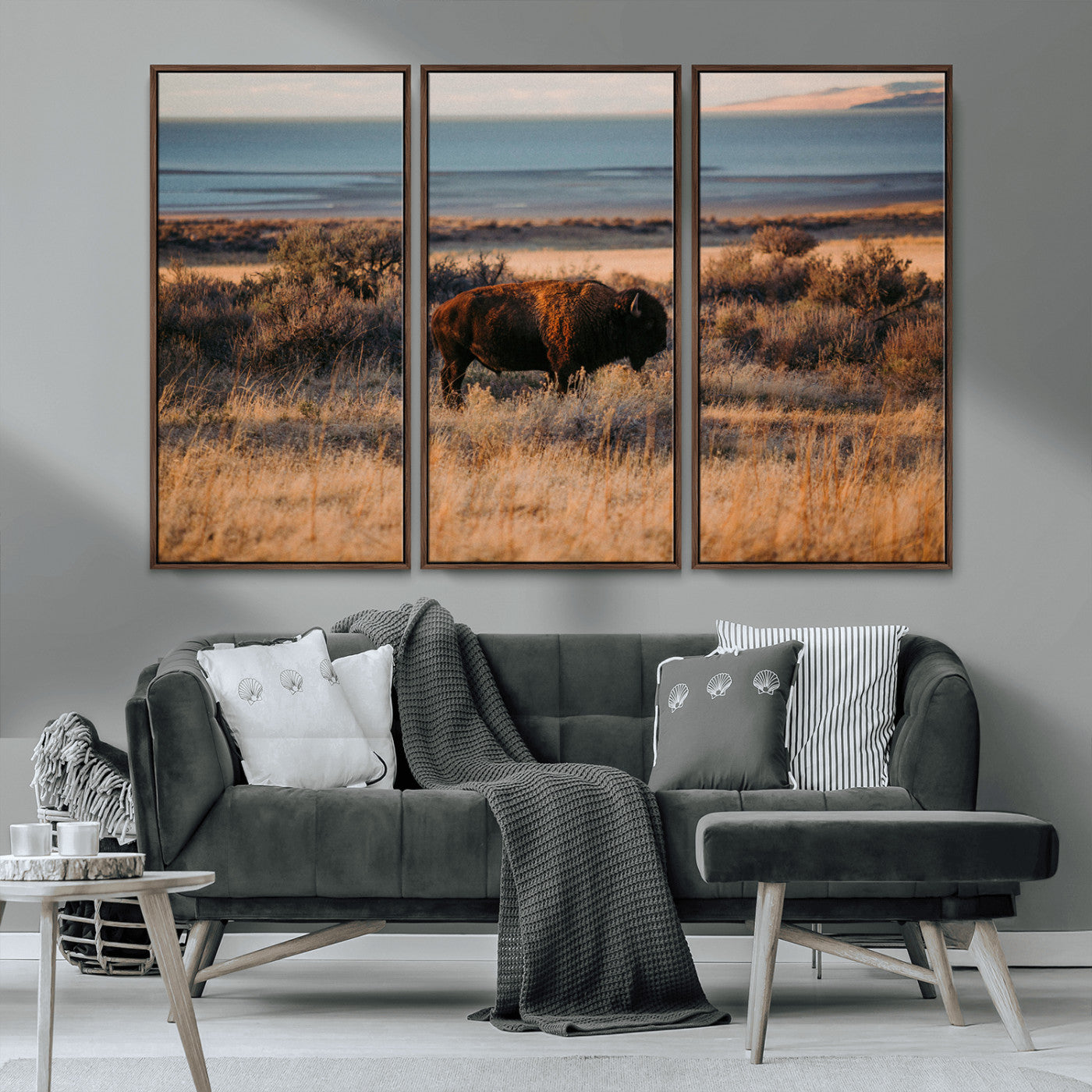 39509187-MGV-CV-36X24-Western Wildlife Wall Art Canvas Print, Framed Bison Art Picture Print, Golden Hour Perfect Western Rustic Decor Artwork