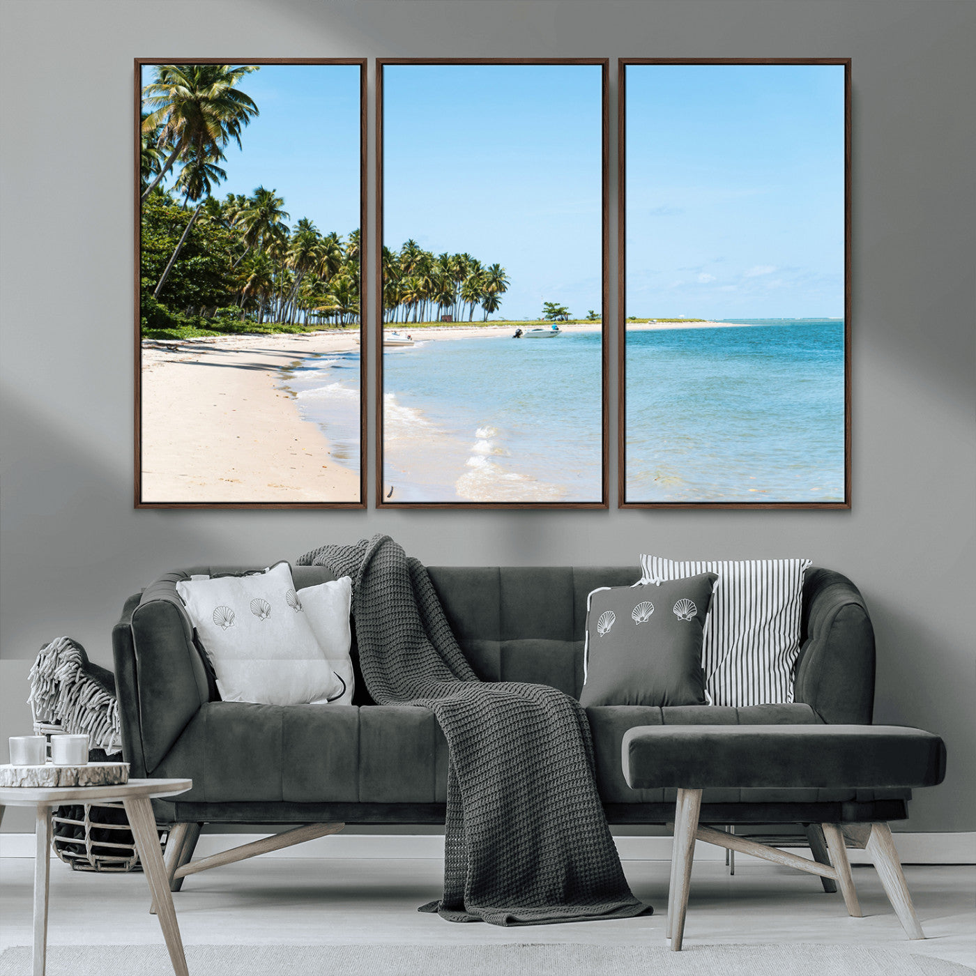37858872-MGV-CV-36X24-Palm Tree Coast Wall Art Canvas Print, Framed Island Getaway Art Picture Print, Crystal Blue Water Perfect Tropical Coastal Decor