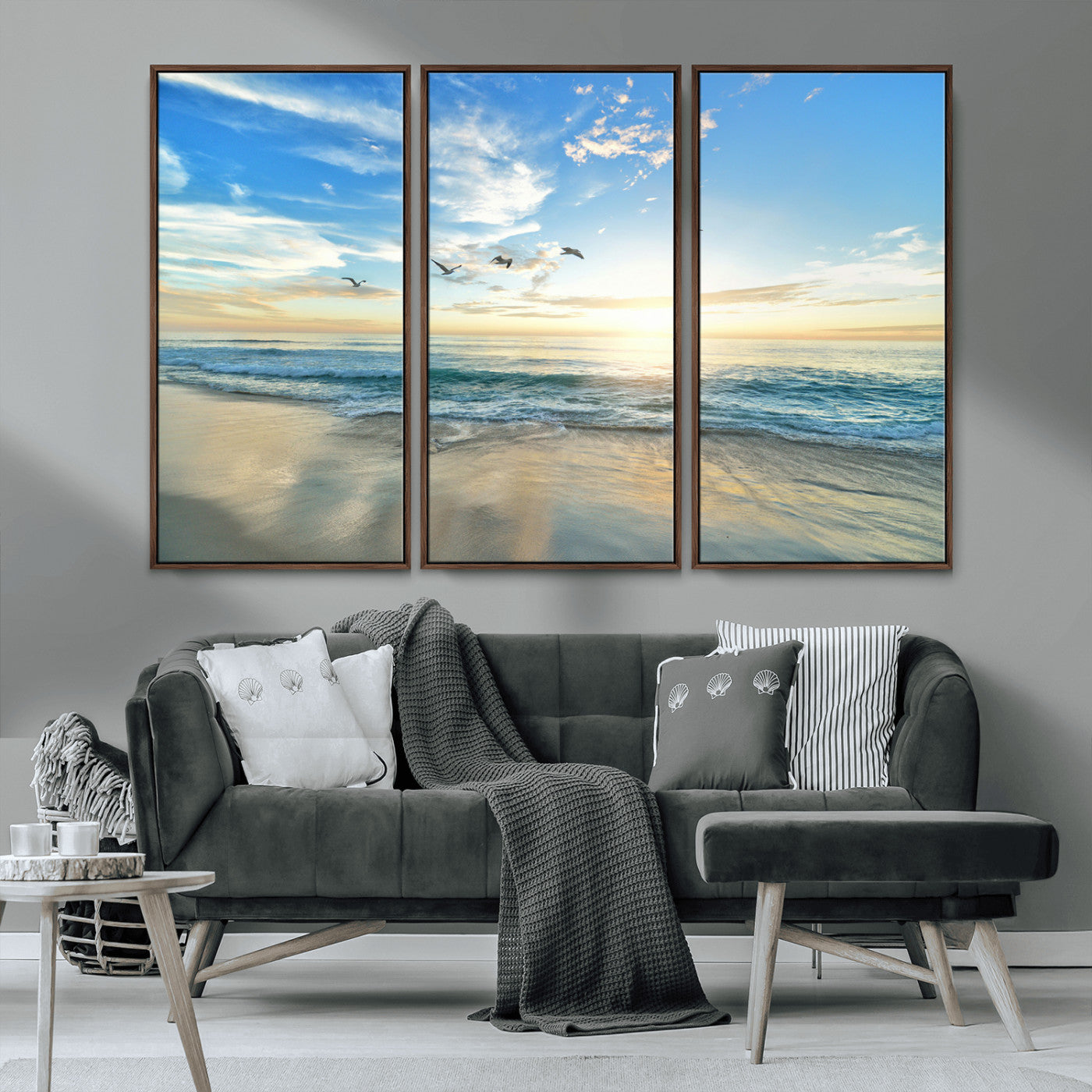 20708696-MGV-FC-48X32-3P_Walnut-Minimalist Seaside Wall Art Canvas Print, Framed Morning Glow Art Picture Print, Golden Reflections Perfect Coastal Minimalist