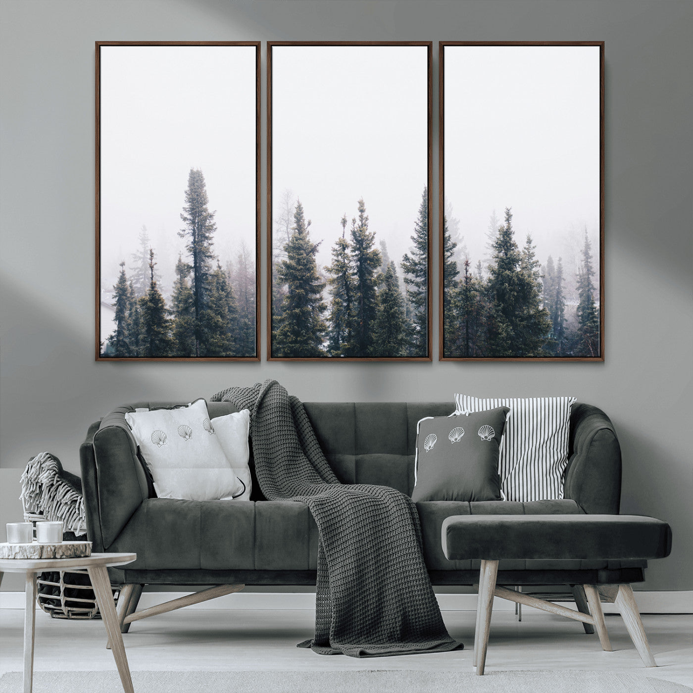 42364796-MGV-FC-48X32-3P_Walnut-Foggy Forest Wall Art Canvas Print, Framed Misty Pines Art Picture Print, Moody Woodland Perfect Scandinavian Minimalist Decor