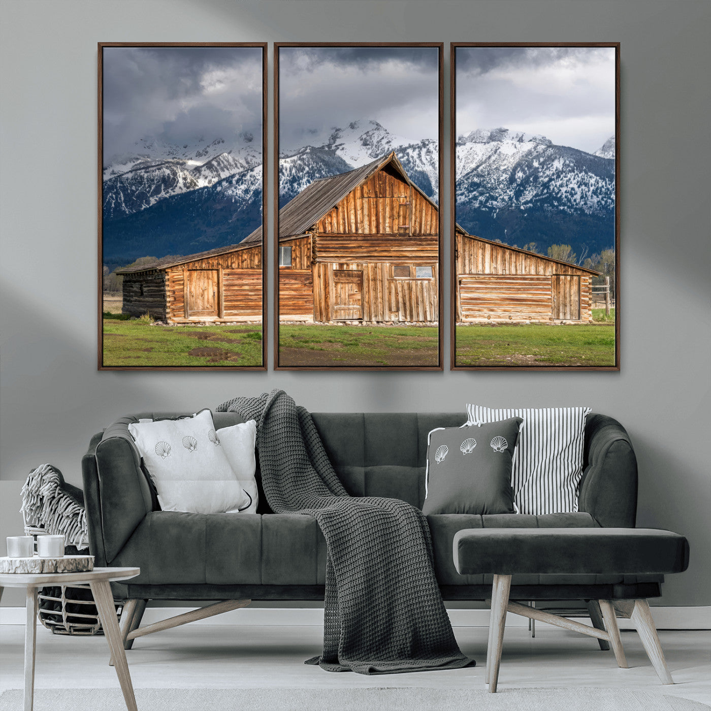 15173627-MGV-CV-36X24-Barn Wall Art – Rustic Wooden Cabin Canvas Print with Snowy Mountain Landscape, Western Farmhouse Country Decor for Living Room,
