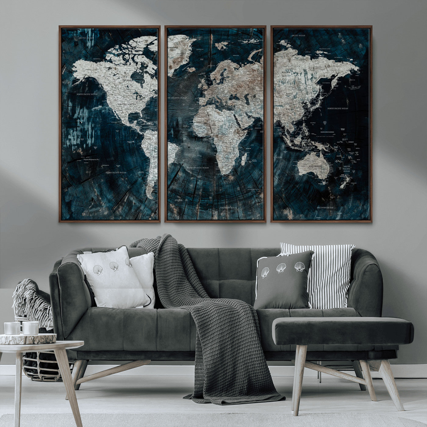 34425609-MGV-CV-36X24-World Map Wall Art – Rustic Navy and Grey Atlas Canvas Print, Distressed Explorer Map Artwork, Industrial Style Decor for Office,