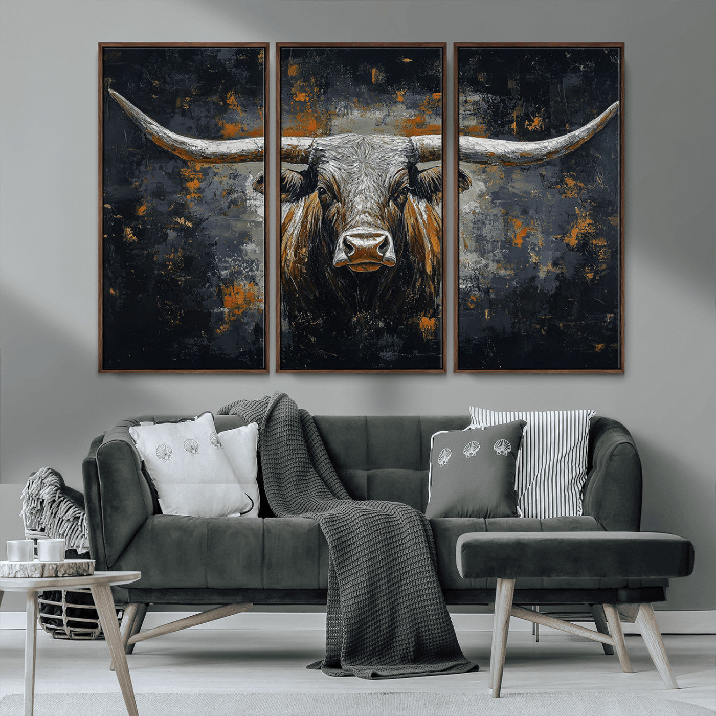 93195031-MGV-CV-36X24-Dark Longhorn Bull Wall Art – Western Steer Canvas Print, Moody Rustic Animal Painting for Man Cave, Ranch House, Office or Modern
