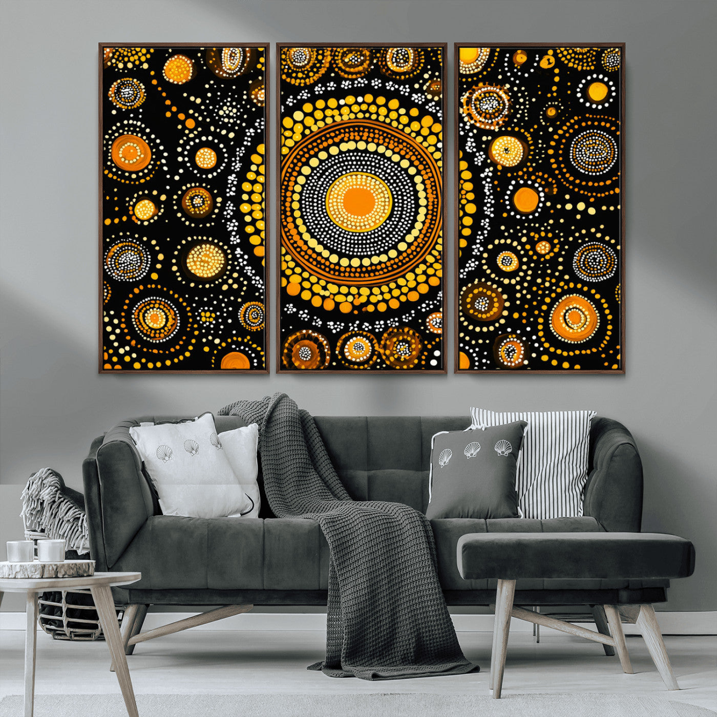 45478523-MGV-CV-36X24-Abstract Circle Wall Art – Bold Black and Gold Dot Painting Canvas Print, Modern Geometric Mandala Style Decor for Living Room or