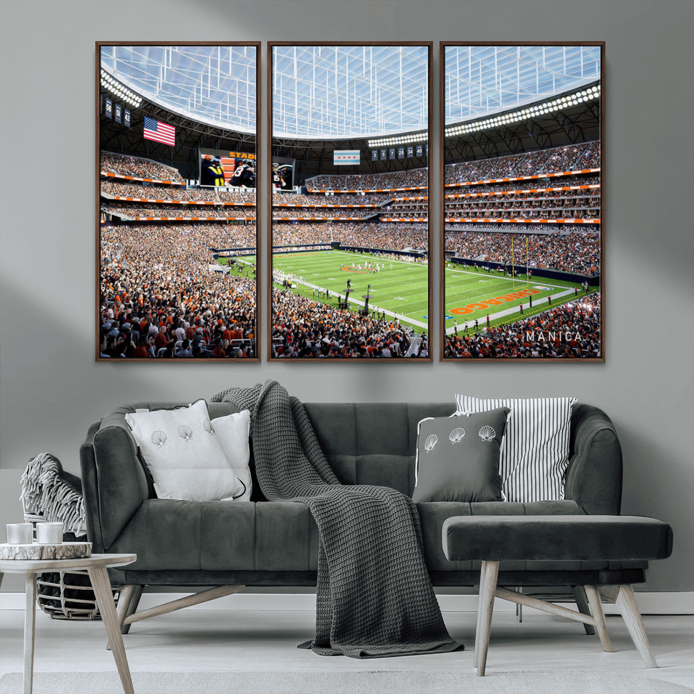 32530647-MGV-CV-36X24-Chicago Bears Stadium Wall Art – Futuristic Dome Arena Canvas Print, Modern Football Concept Design Decor for Man Cave, Bar, or