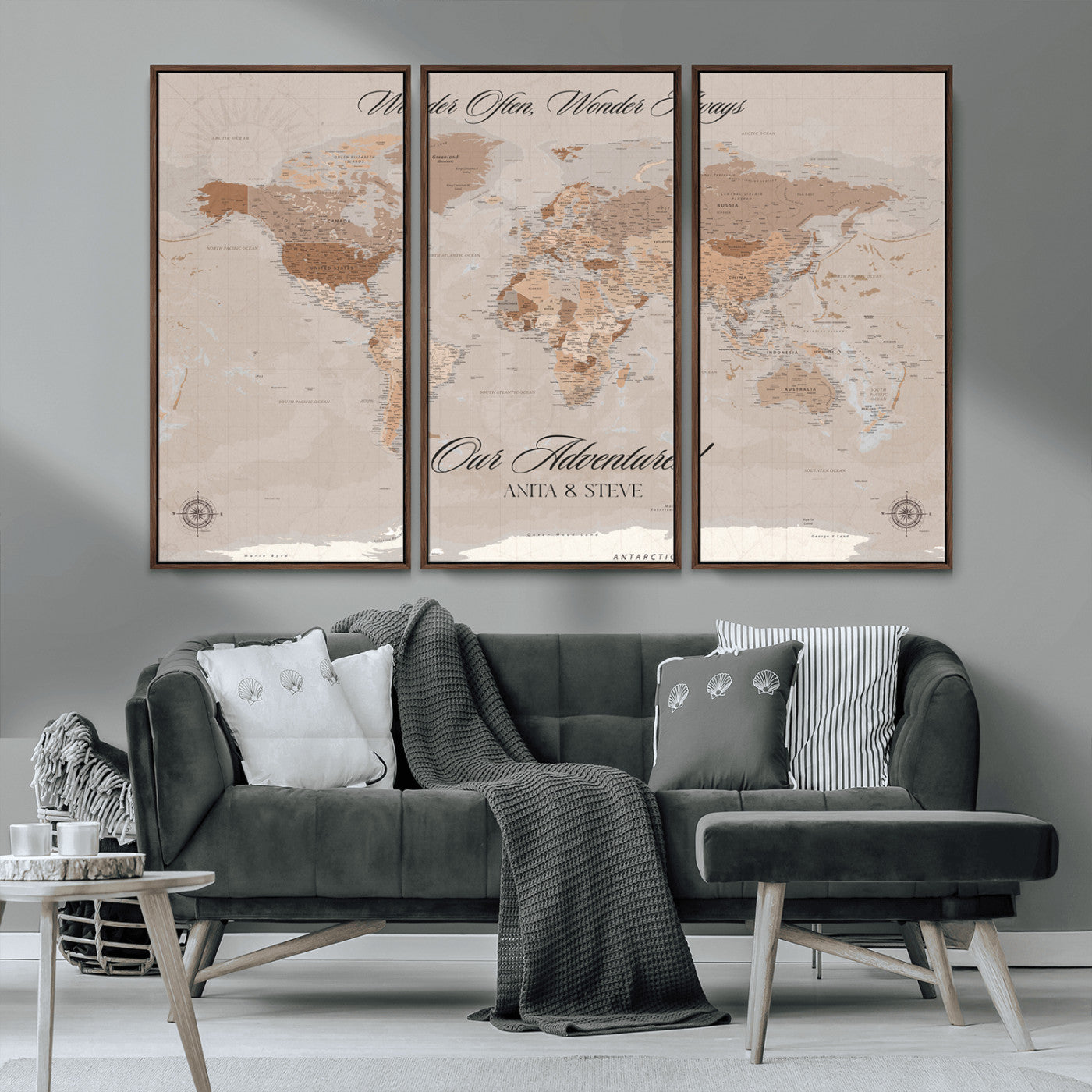 95243244-MGV-CV-36X24-Wander Often Wonder Always World Map Wall Art – Neutral Beige Adventure Canvas Print, Rustic Boho Travel Decor for Bedroom, Living