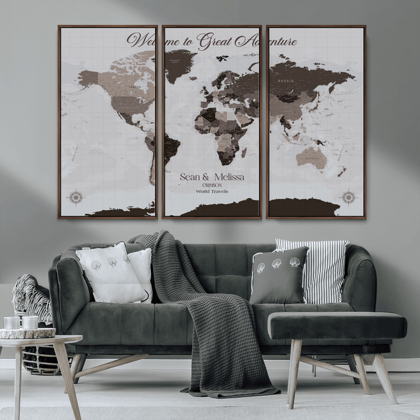 43749658-MGV-CV-36X24-Welcome to Great Adventure World Map Wall Art – Charcoal Gray Canvas Print, Rustic Travel Decor for Living Room, Study, Office or