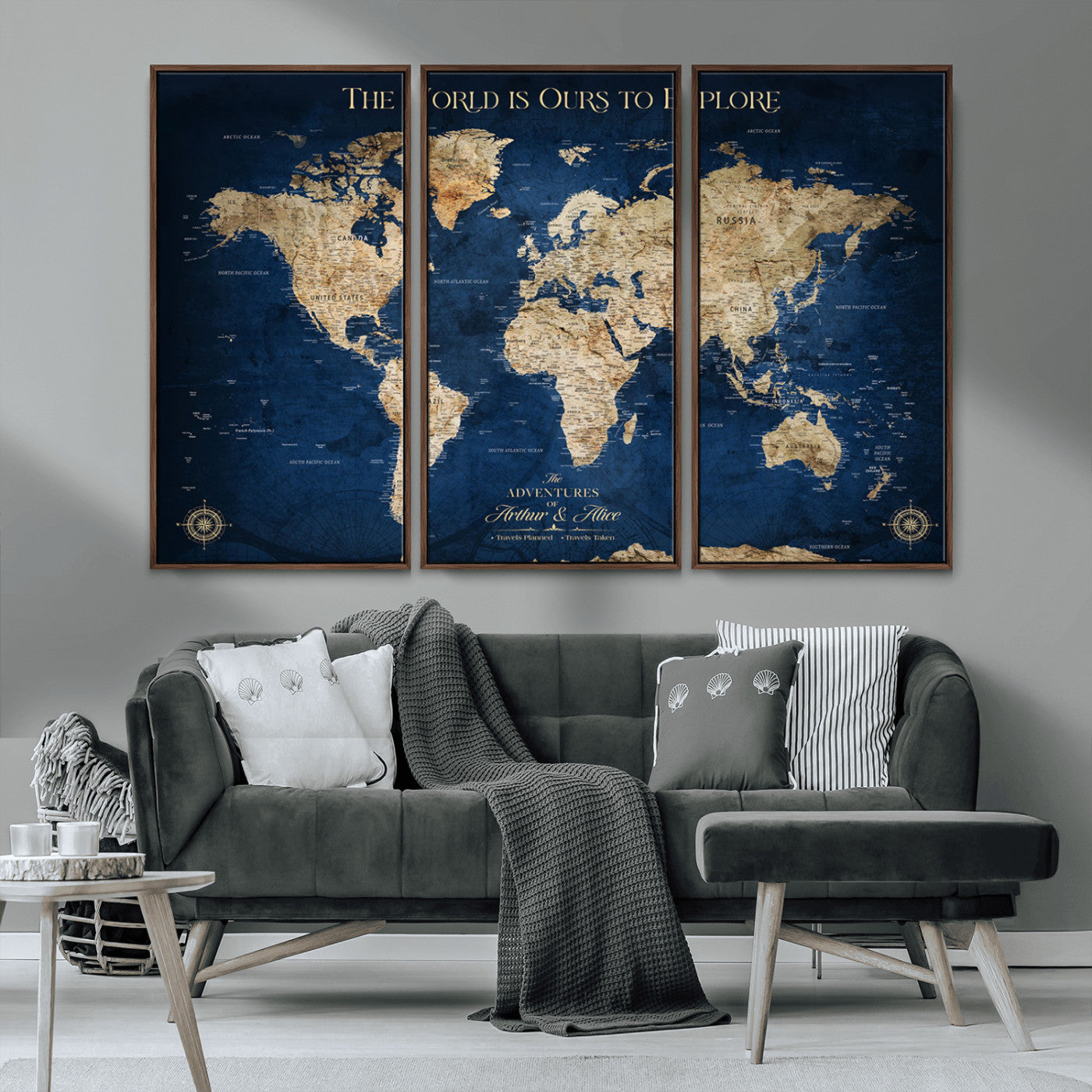 54782997-MGV-CV-36X24-The World is Ours to Explore Wall Art – Blue World Map Canvas Print, Adventure Travel Decor for Home, Office or Living Room,