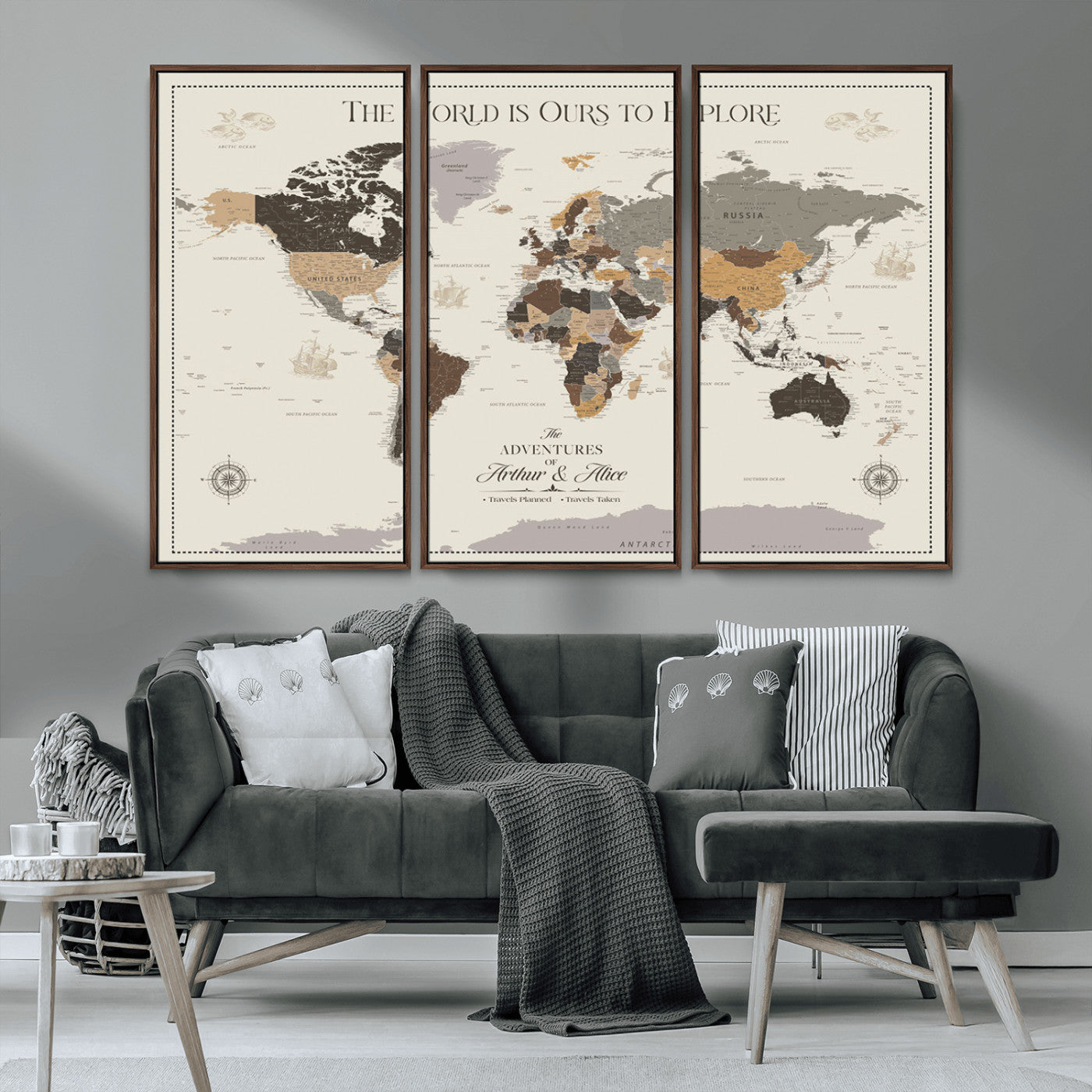 90024882-MGV-CV-36X24-The World is Ours to Explore Wall Art – Earth Tone World Map Canvas Print, Adventure Travel Decor for Living Room, Office or