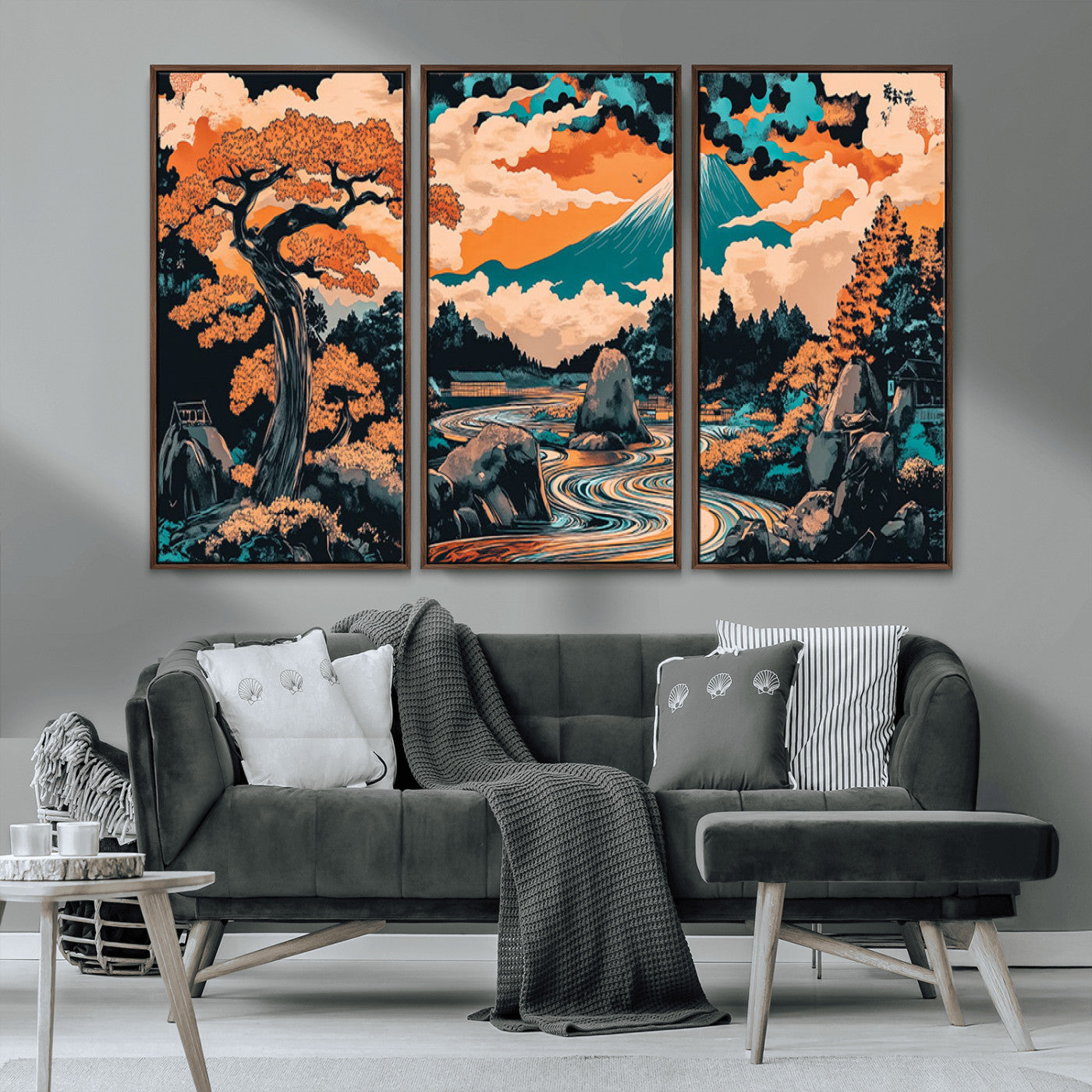 21638941-MGV-CV-36X24-Japanese Landscape Wall Art – Mount Fuji and Flowing River Ukiyo-e Style Canvas Print, Traditional Japan Inspired Artwork for