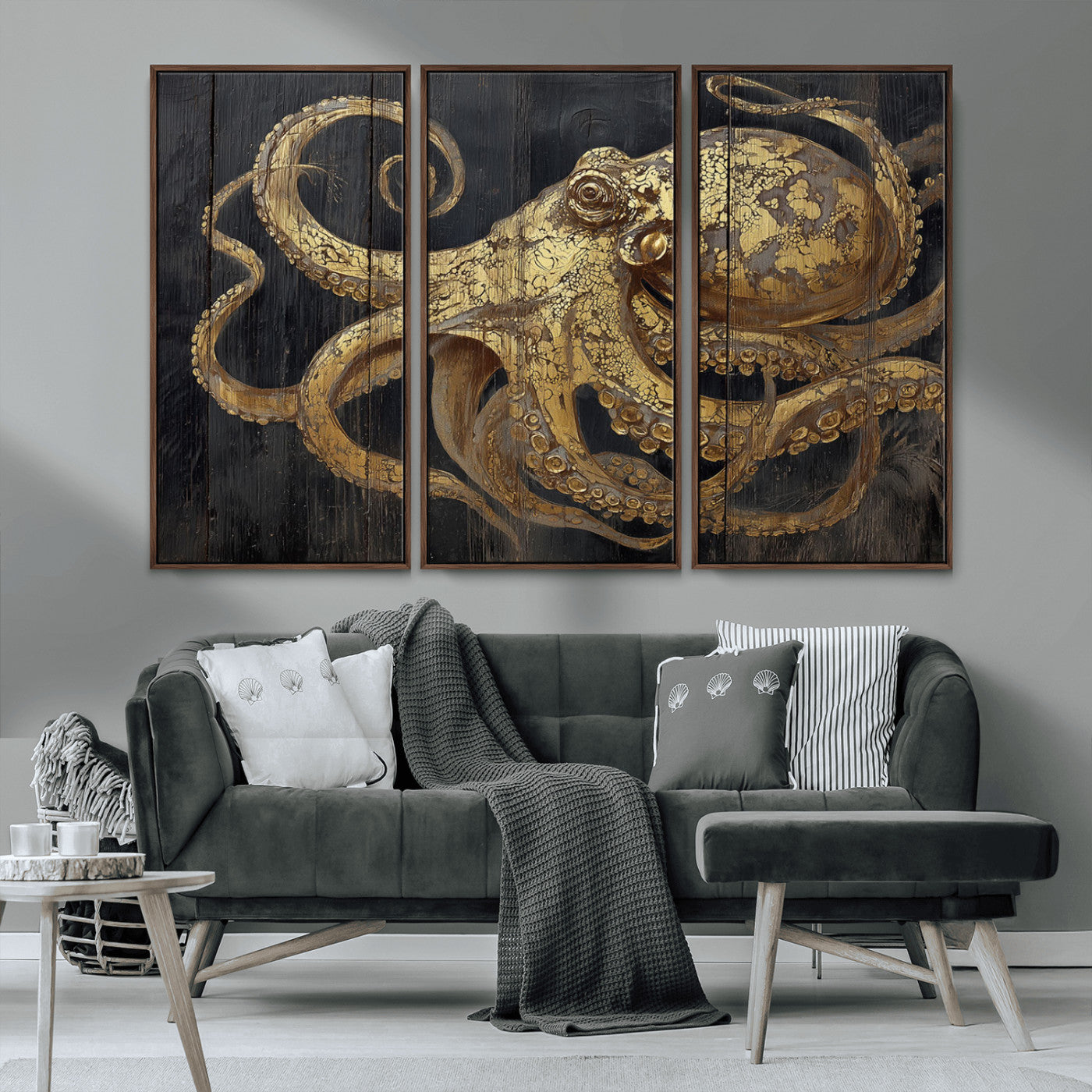 47056538-MGV-CV-36X24-Octopus Wall Art – Gold Nautical Canvas Print with Rustic Wood Texture, Marine Creature Artwork for Coastal Ocean Decoration in