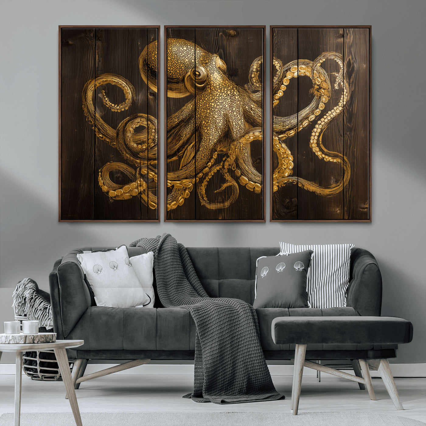 56769669-MGV-CV-36X24-Octopus Wall Art – Gold Nautical Canvas Print with Rustic Wood Panel Design, Detailed Marine Artwork for Coastal Ocean Decoration