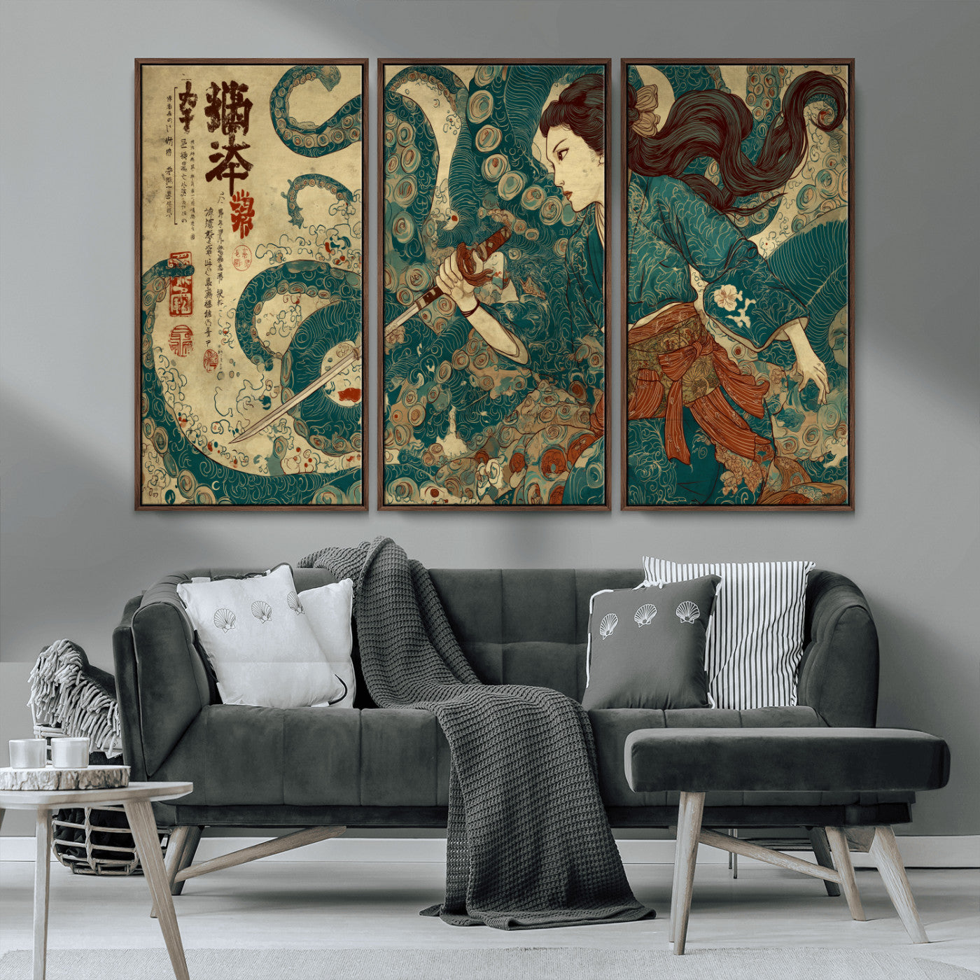 46837670-MGV-CV-36X24-Tsukioka Yoshitoshi Samurai Wall Art Print, Japanese Katana Warrior Canvas Wall Art, Octopus Sea Monster Canvas Print,