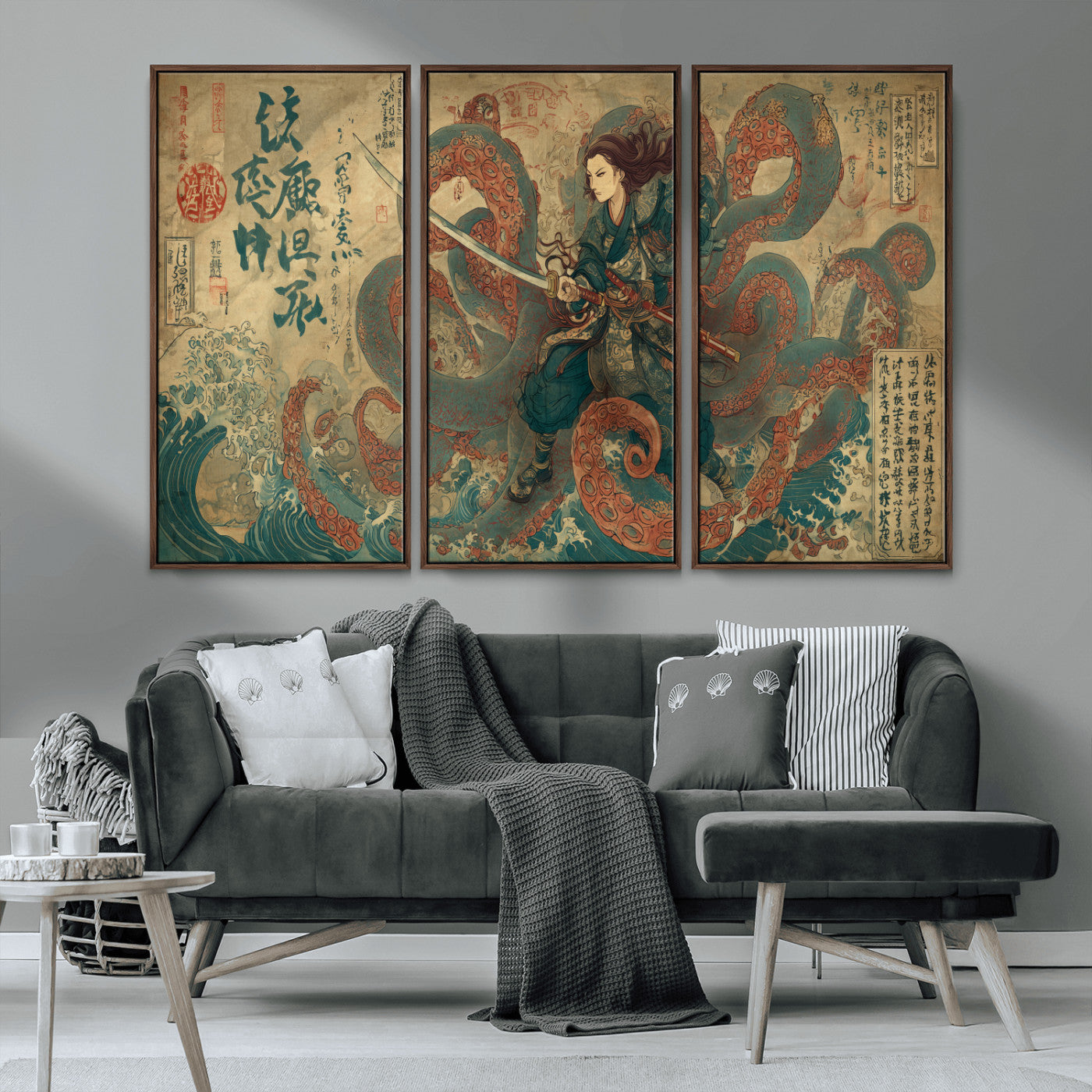 98593115-MGV-CV-36X24-Samurai Warrior vs Octopus Wall Art – Japanese Ukiyo-e Calligraphy Canvas Print, Ocean Battle Scene Artwork for Living Room,