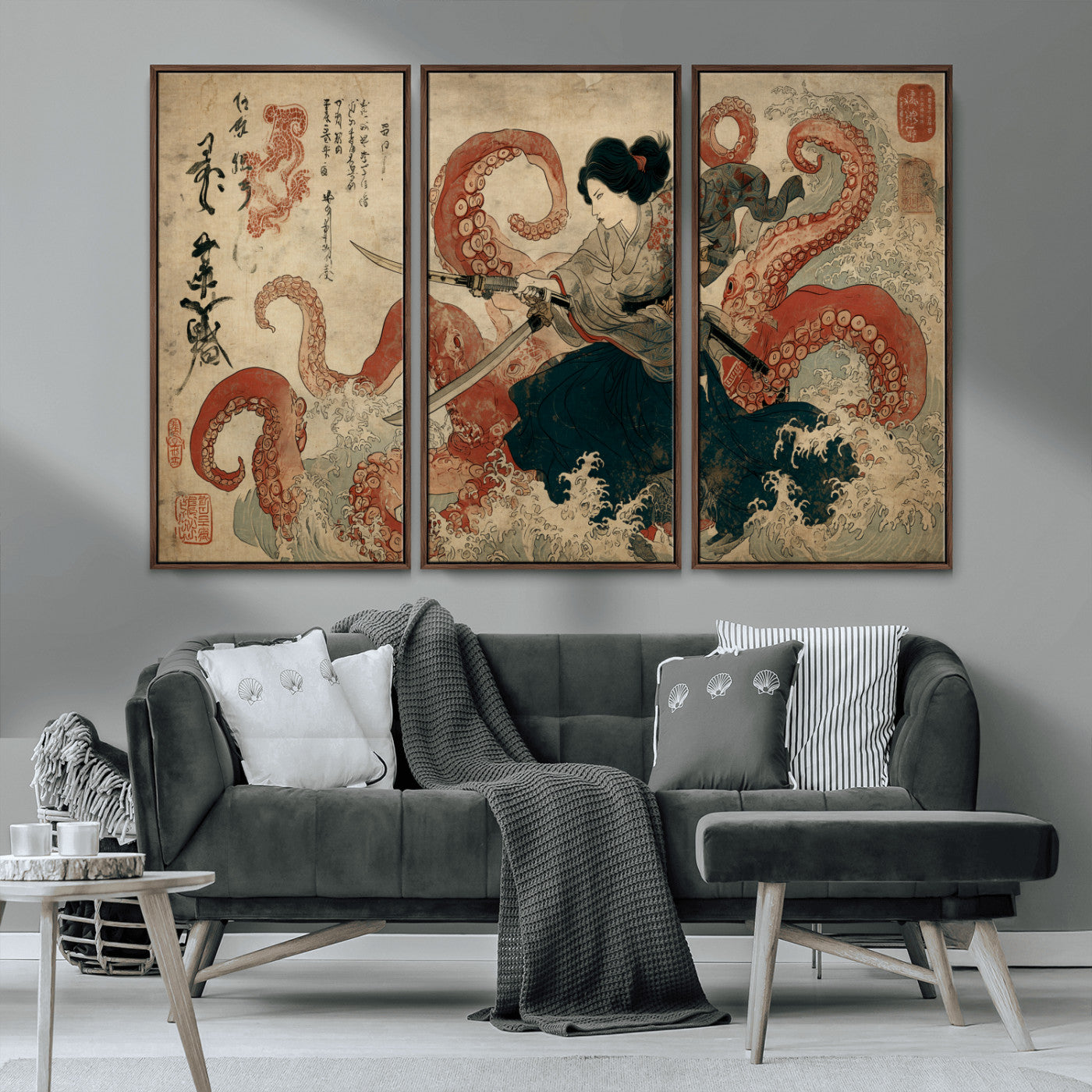 50812504-MGV-CV-36X24-Samurai Woman vs Octopus Wall Art – Japanese Ukiyo-e Red Tentacle Canvas Print, Ocean Battle Artwork for Living Room, Office, Man