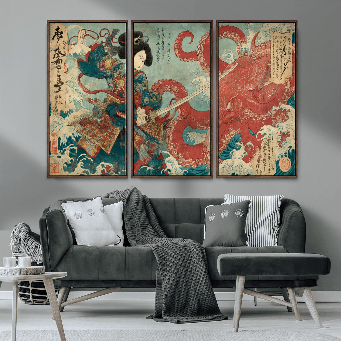 68844327-MGV-CV-36X24-Tsukioka Yoshitoshi Samurai Wall Art Print, Japanese Katana Warrior Canvas Wall Art, Octopus Sea Monster Canvas Print,