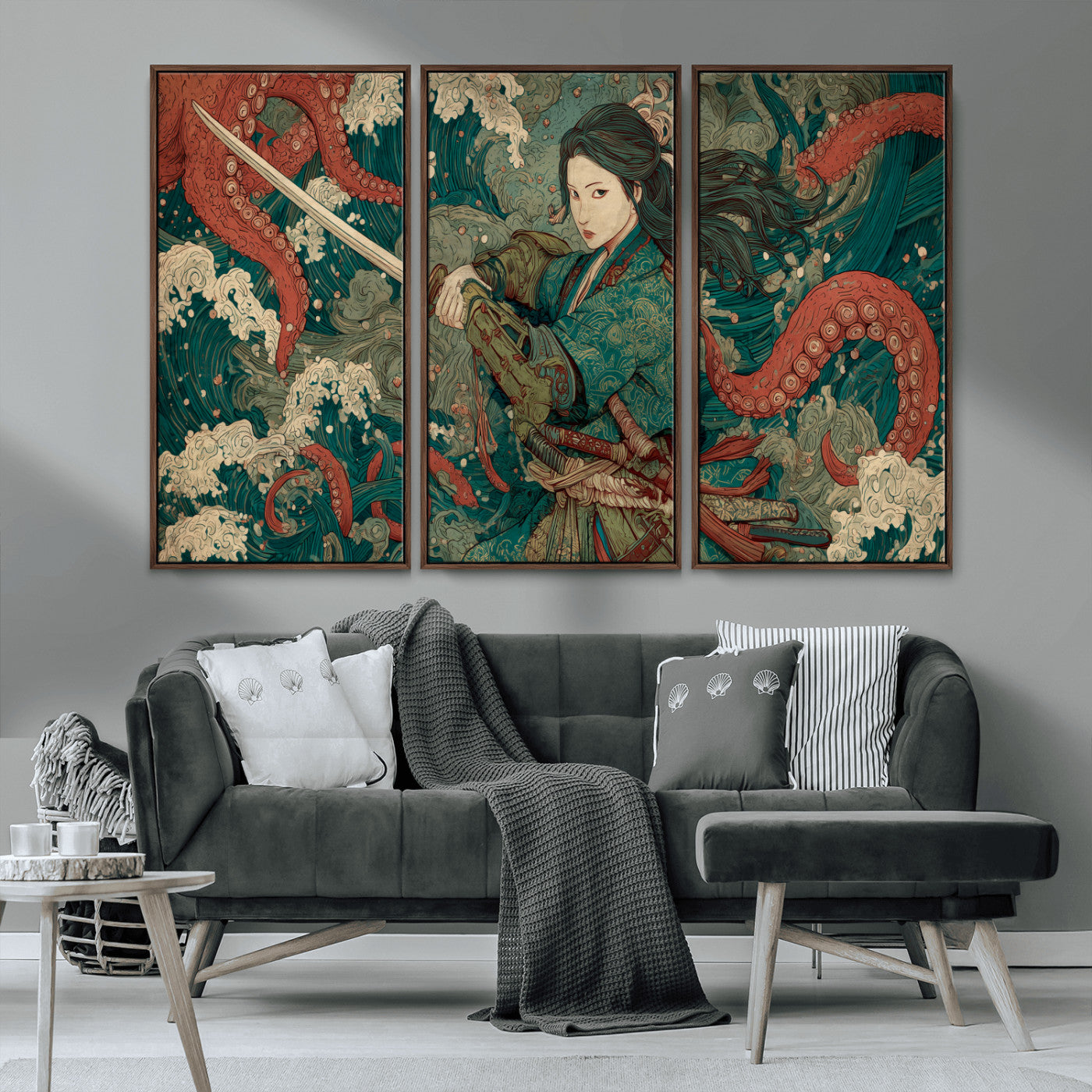 35461724-MGV-CV-36X24-Samurai Woman vs Octopus Wall Art – Japanese Ukiyo-e Ocean Waves Canvas Print, Red Tentacle Battle Artwork for Living Room,