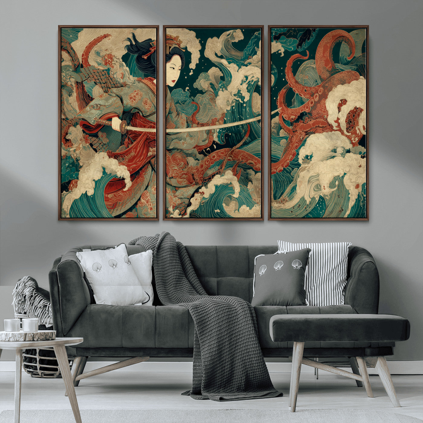 30212982-MGV-CV-36X24-Samurai Woman vs Octopus Wall Art – Japanese Ukiyo-e Style Warrior and Sea Monster Canvas Print, Mythology Inspired Artwork for