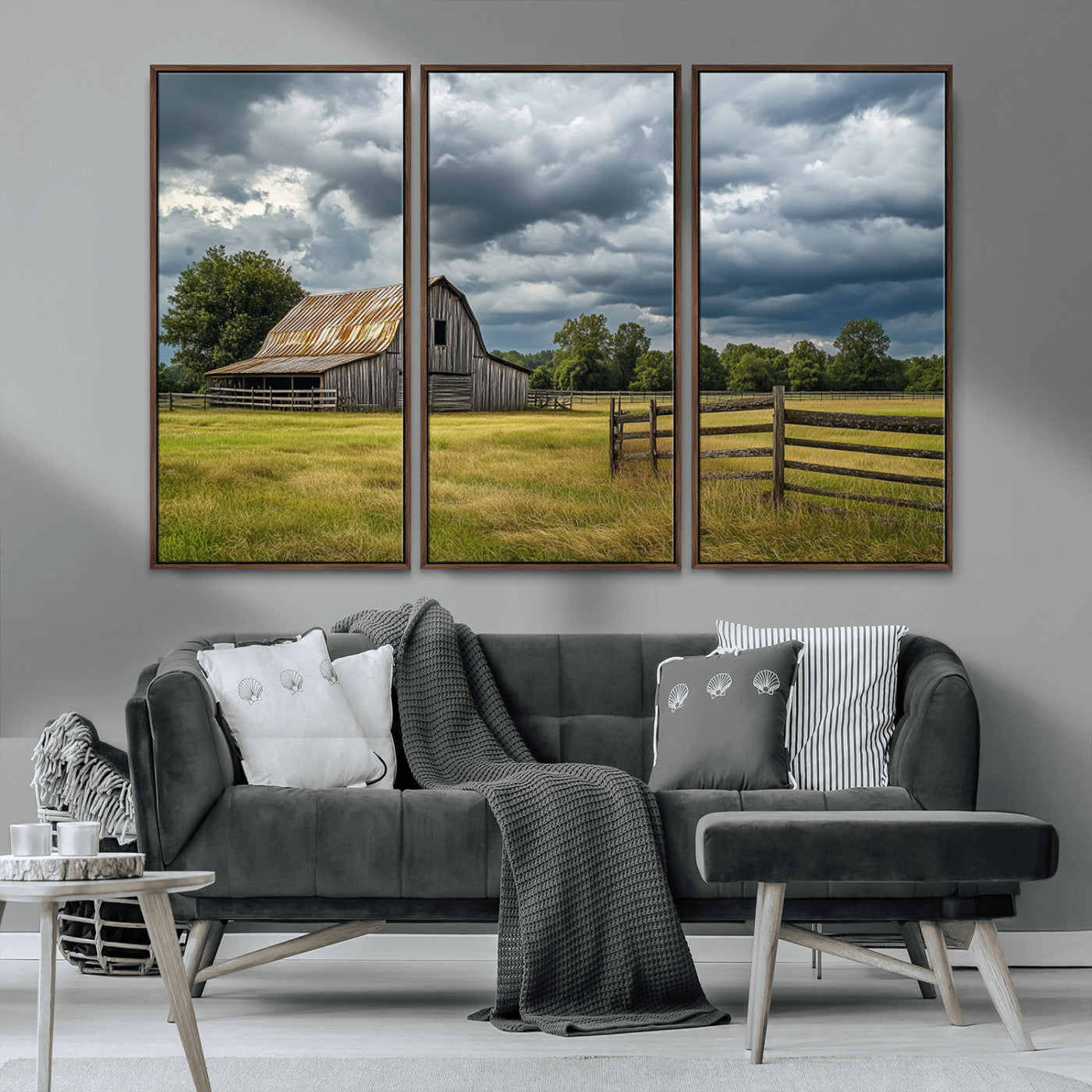 39409517-MGV-CV-36X24-Rustic Barn Wall Art – Weathered Farmhouse and Storm Clouds Canvas Print, Country Landscape Photography Decor for Bedroom, Living