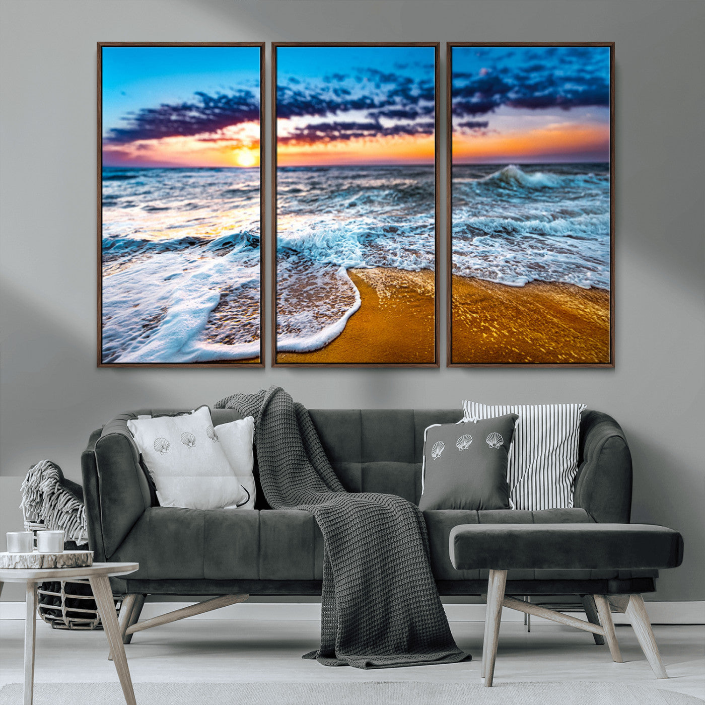 24077769-MGV-FC-48X32-3P_Walnut-Sunset Beach Wall Art – Ocean Waves Canvas Print, Golden Shoreline Photography Coastal Decor for Living Room, Bedroom, Office,