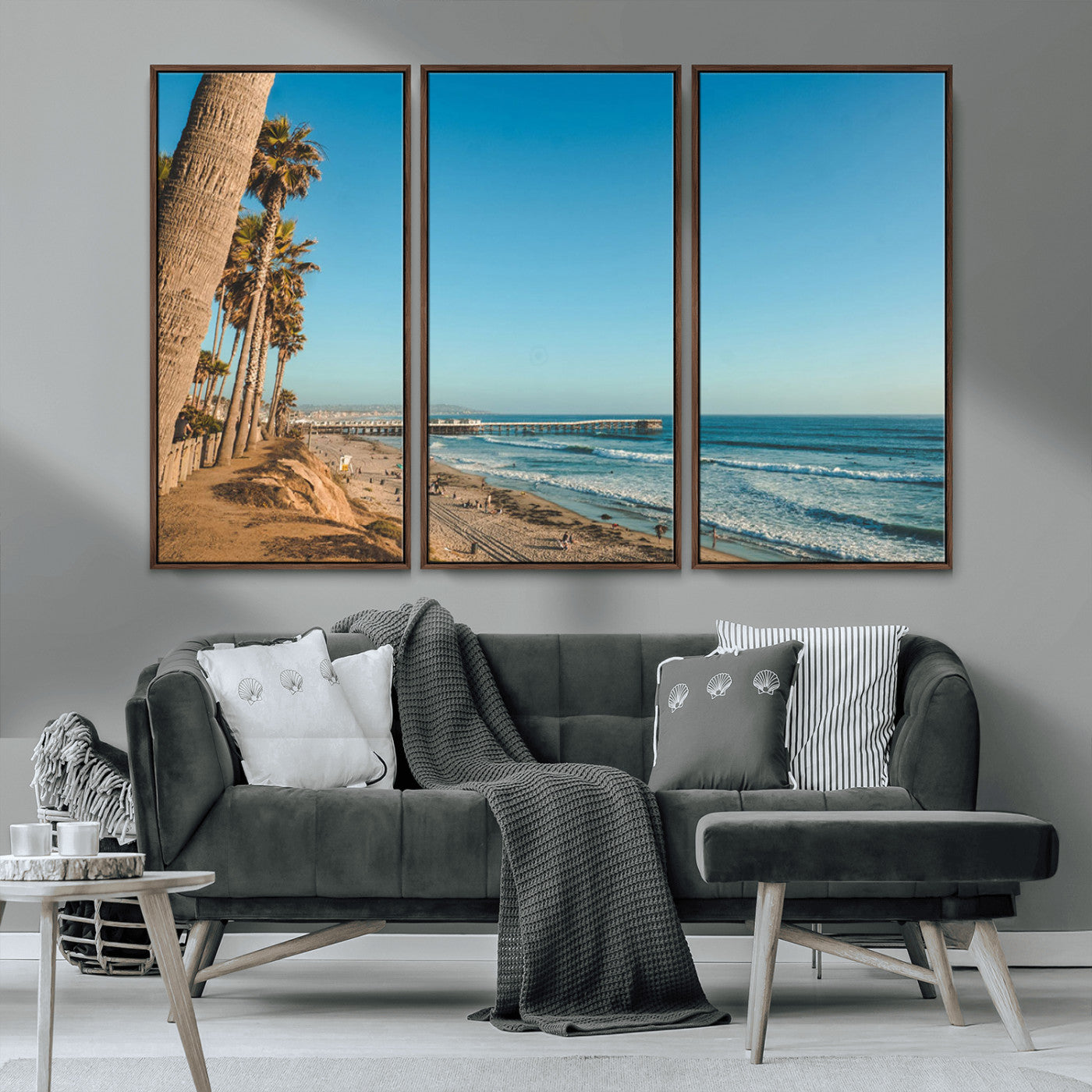 92568259-MGV-FC-48X32-3P_Walnut-California Beach Wall Art – Palm Tree Pier Canvas Print, Coastal Ocean Photography Seaside Decor for Living Room, Bedroom, Office,