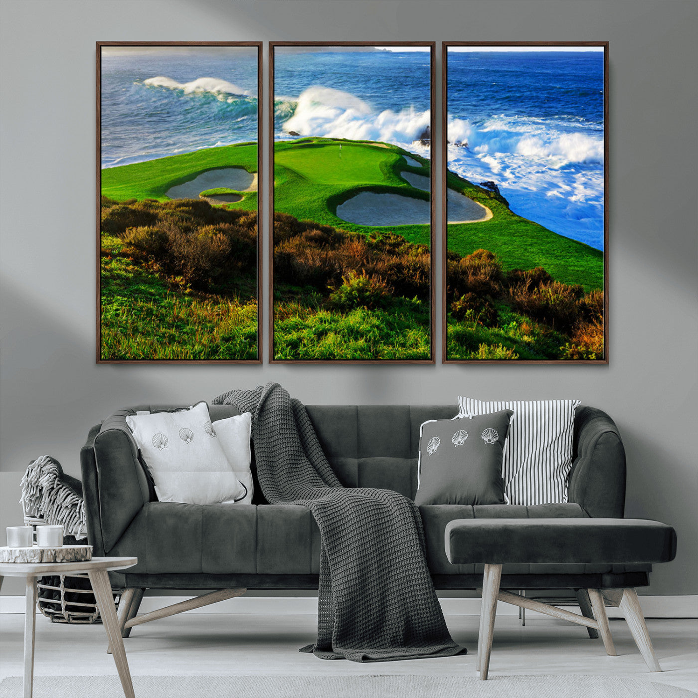 34181847-MGV-FC-48X32-3P_Walnut-Coastal Golf Course Wall Art – Panoramic Ocean Fairway Canvas Print, Scenic Sports Photography Decor for Office, Man Cave, Living
