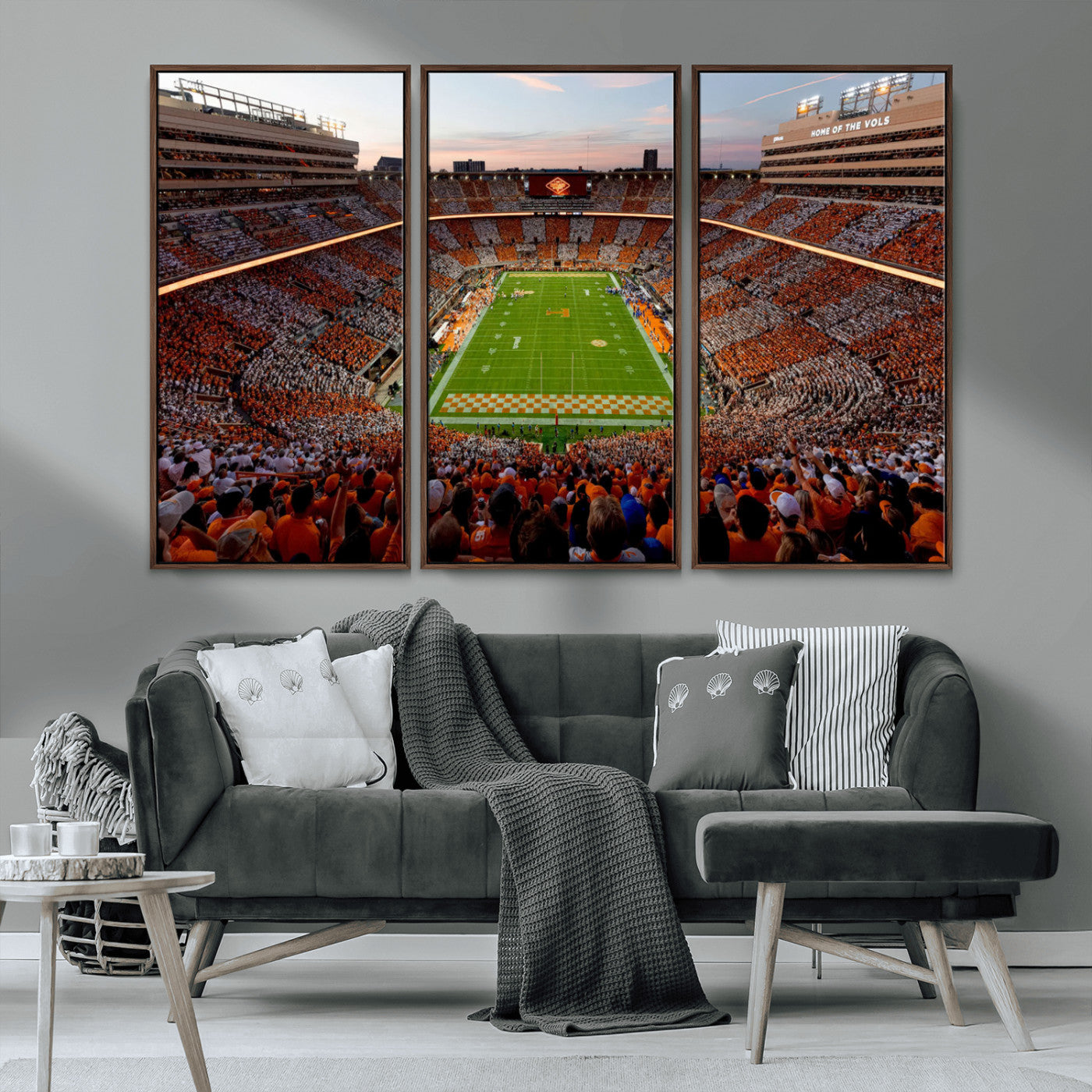 37160229-MGV-FC-48X32-3P_Walnut-Tennessee Volunteers Wall Art – Neyland Stadium Sunset Checkerboard Game Canvas Print, Vols Football Panorama Sports Decor