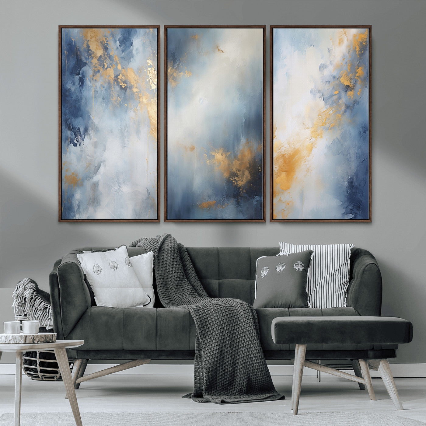 41836-MGV-CV-36X24-Abstract Gold Wall Art Canvas Print, Framed Blue Layers Art Picture Print, Elegant Cloud Perfect Elegant Minimalist Decor Artwork