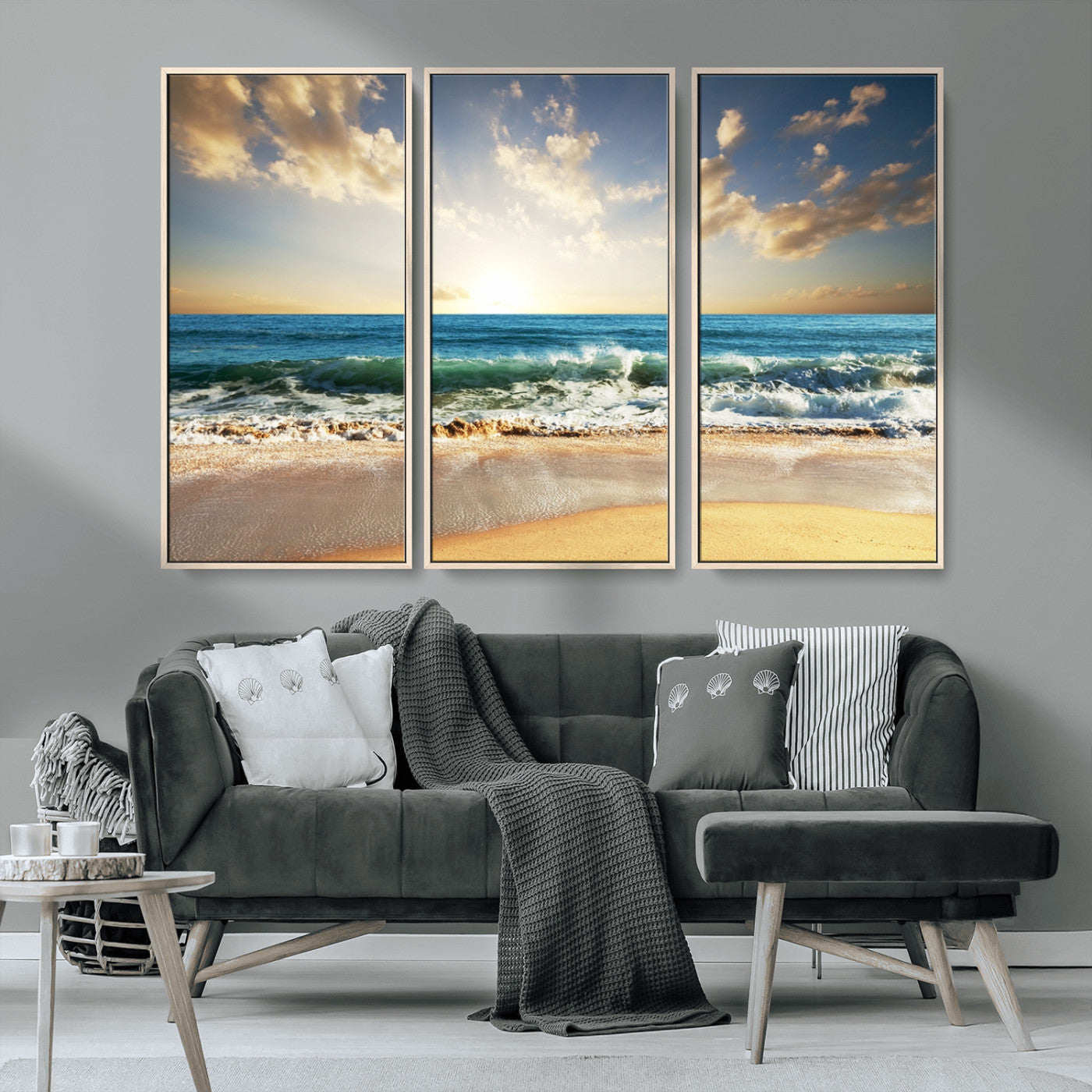 13139-MGV-CV-36X24-Sunrise Beach Wall Art – Ocean Waves and Golden Sand Canvas Print, Coastal Home Decor for Living Room, Bedroom, or Office