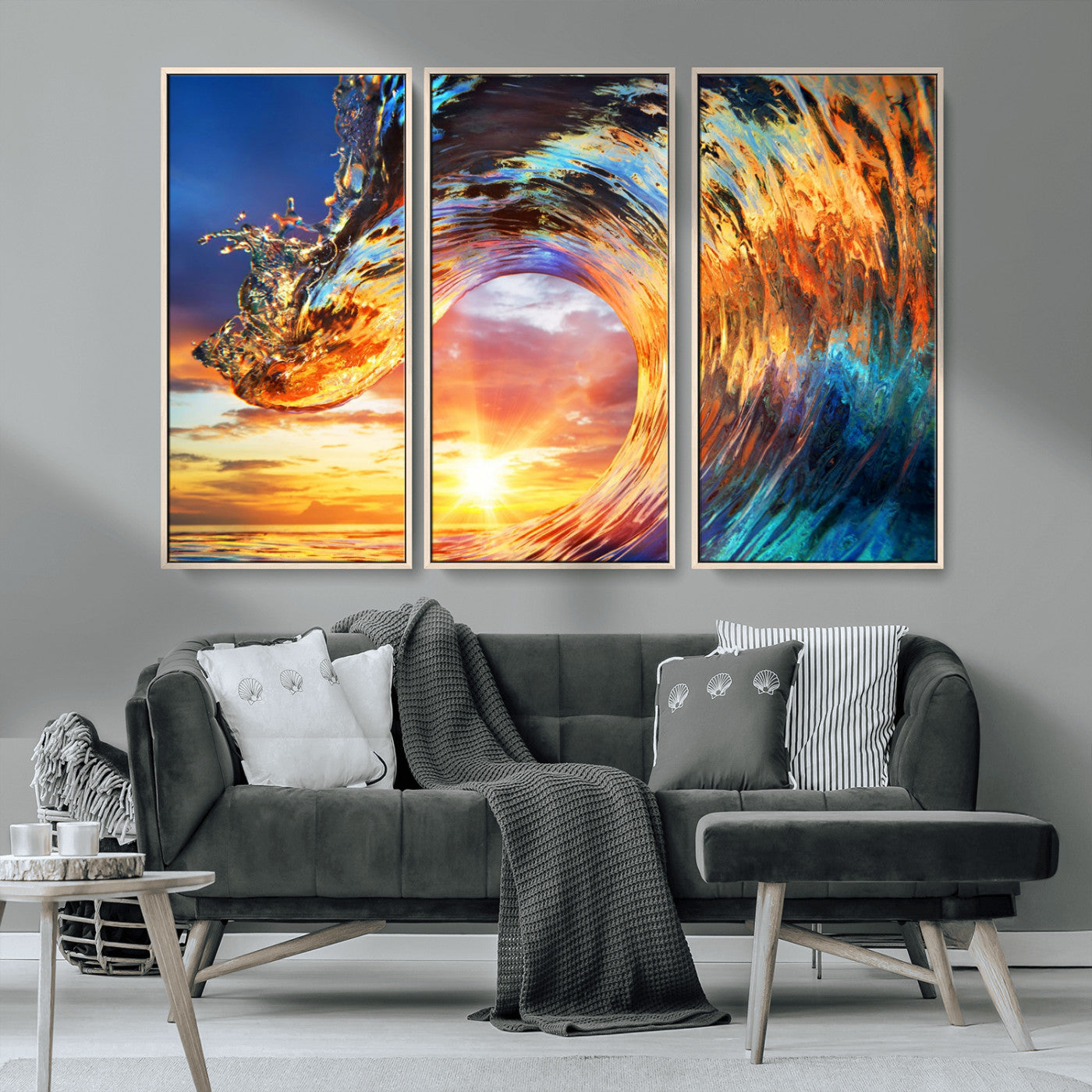 52890-MGV-CV-36X24-Surfing Wave Wall Art Canvas Print, Framed Sunset Ocean Art Picture Print, Ocean Wave Perfect Nautical Decor Artwork