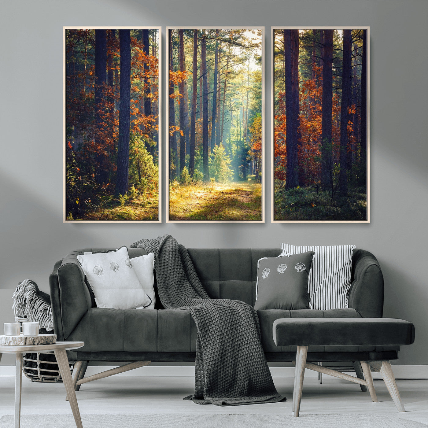 86249-MGV-FC-48X32-3P_Natural-Sunlit Autumn Forest Path Wall Art – Peaceful Nature Scene with Fall Foliage, Calming Woods Decor for Home or Office