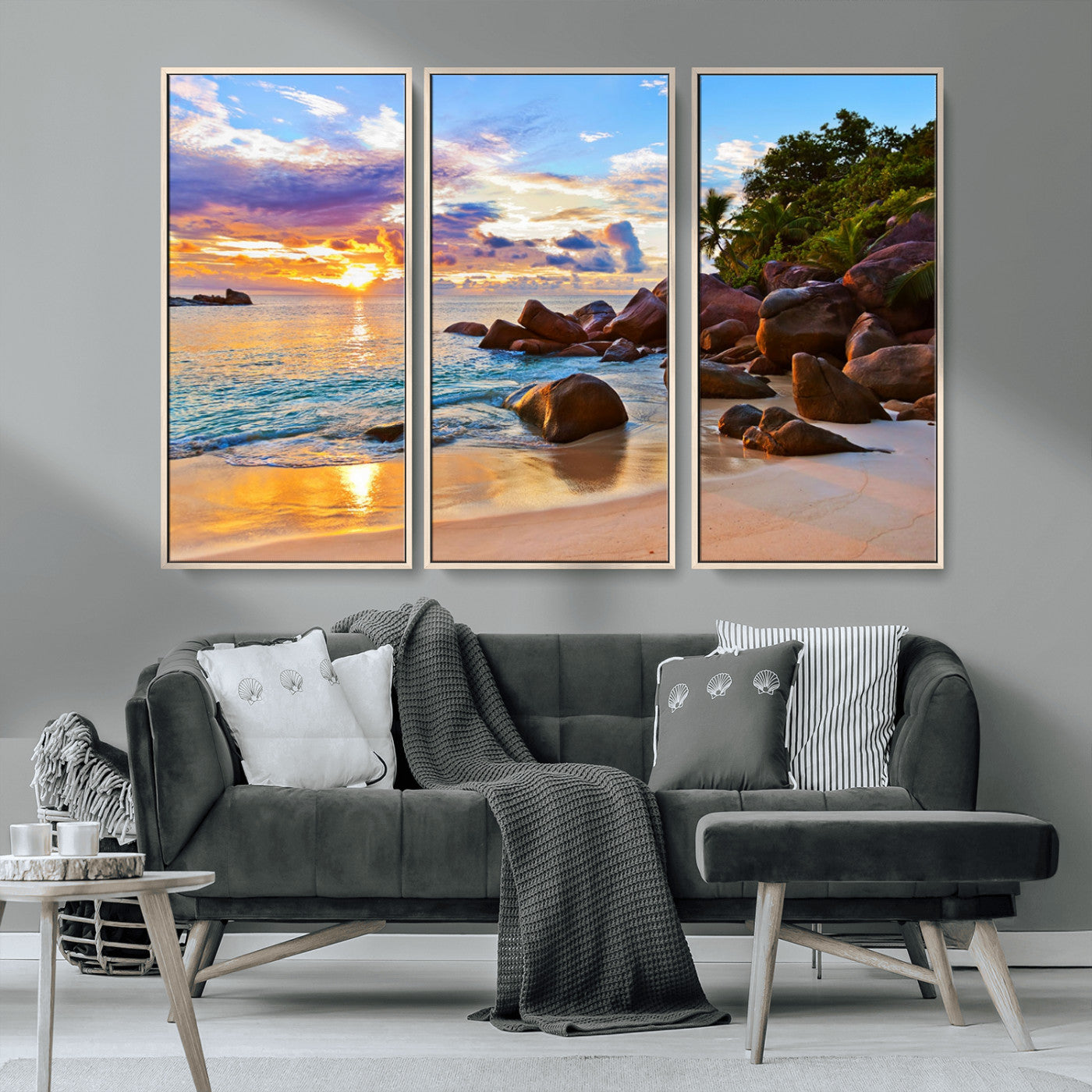43209-MGV-CV-36X24-Tropical Beach Sunset Wall Art – Golden Ocean Waves and Palm Trees with Rocky Shore Canvas Print, Coastal Seascape Decor for