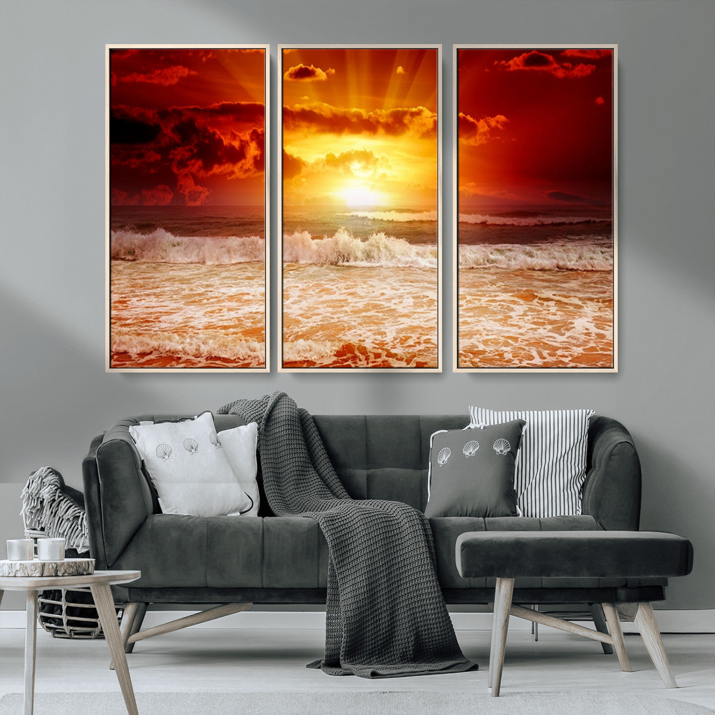 60211-MGV-FC-48X32-3P_Natural-Fiery Sunset Ocean Waves Canvas Print – Vibrant Red & Orange Coastal Wall Art, Dramatic Seascape Decor