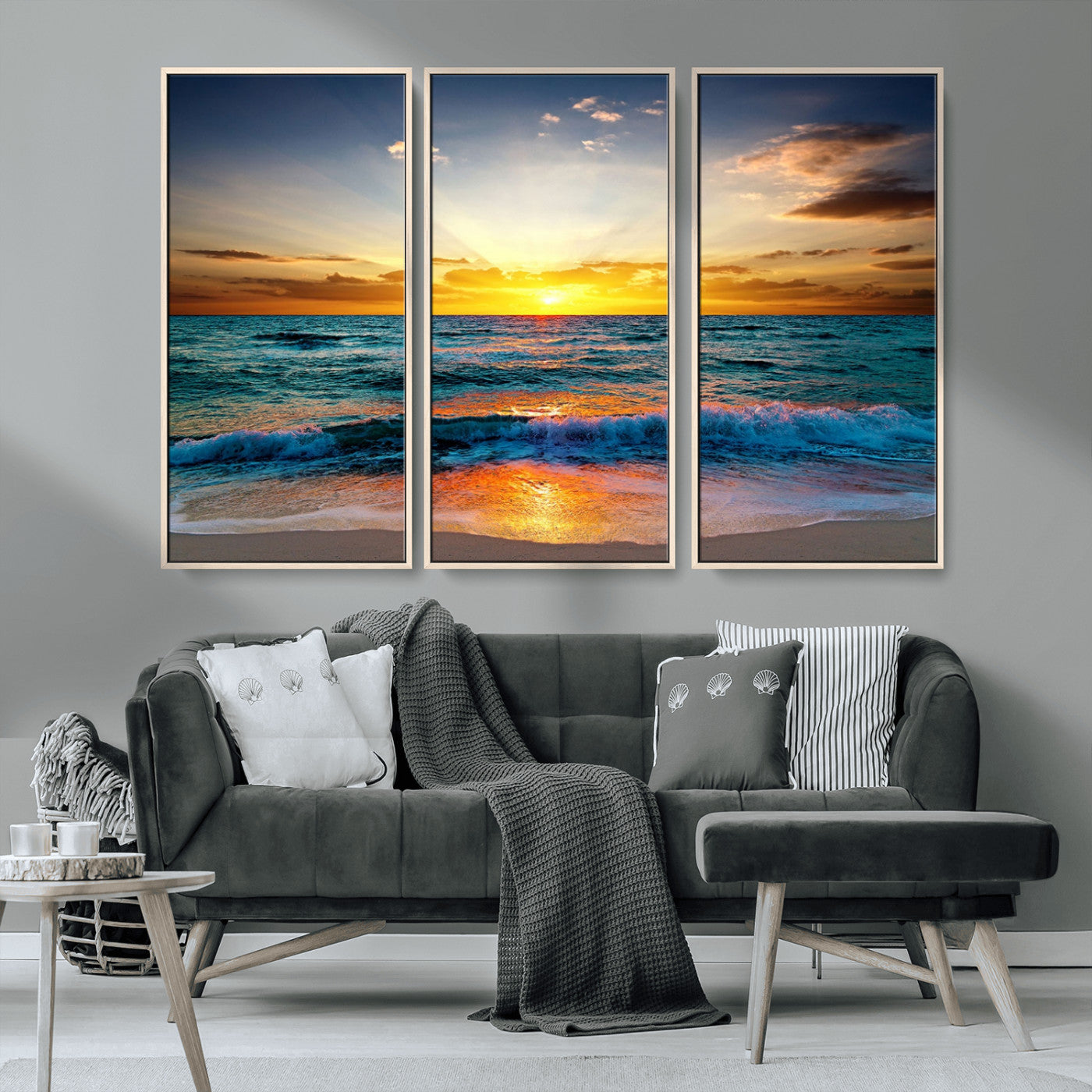 50627-MGV-CV-36X24-Ocean Sunset Wall Art – Serene Beach Canvas Print with Waves and Golden Sky, Coastal Decor for Living Room or Office