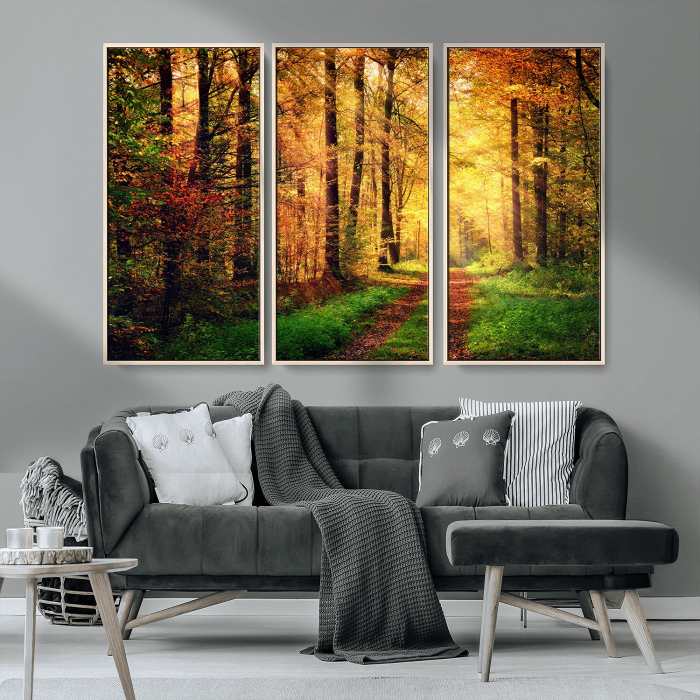 73494-MGV-CV-36X24-Golden Autumn Forest Path Wall Art – Sunlit Woodland Canvas Print, Fall Nature Landscape Home Decoration