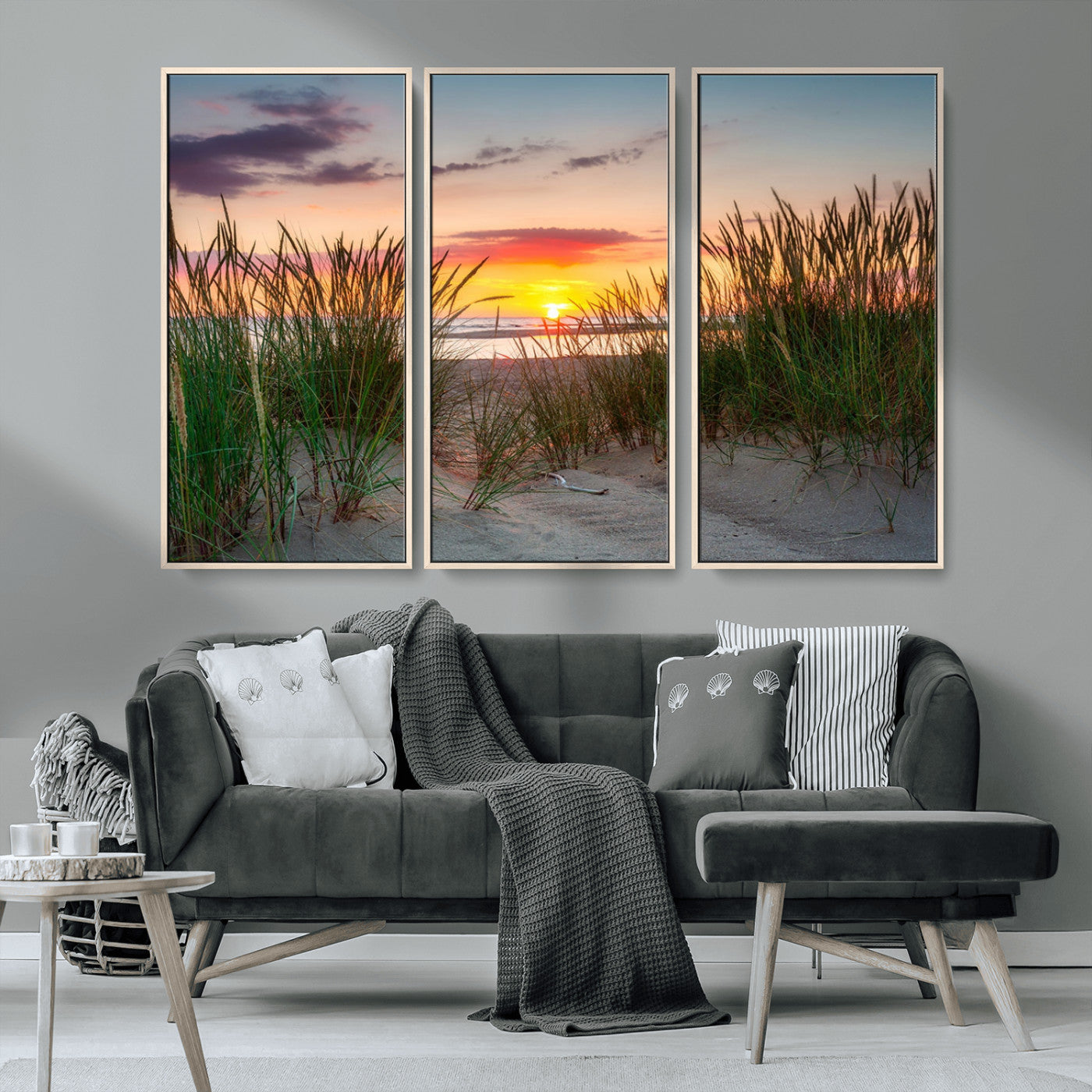 25576-MGV-CV-36X24-Beach Grass Sunset Wall Art – Coastal Sand Dune Landscape Canvas Print, Ocean View Nature Decor for Living Room or Office Wall